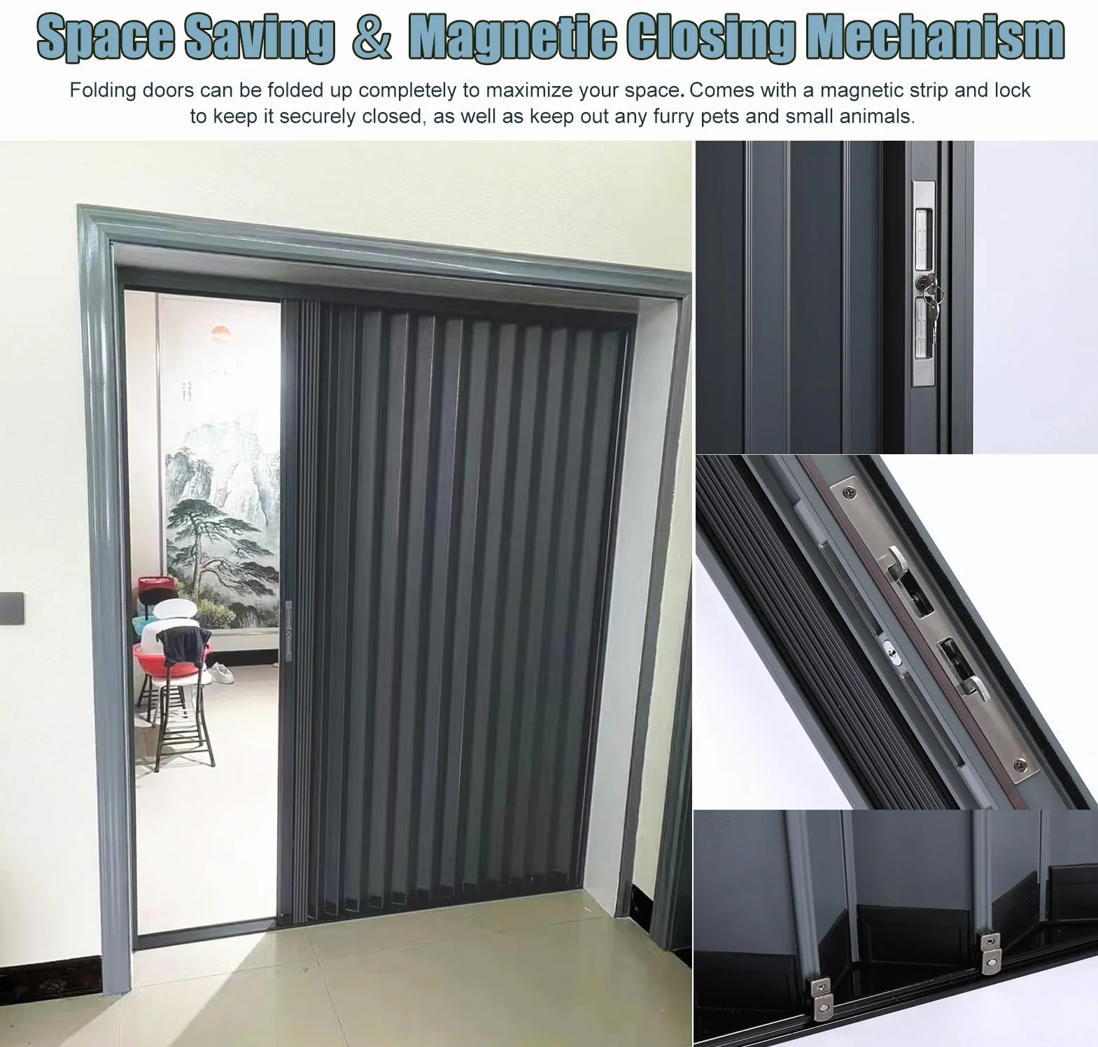 Dostosowywane Wewnętrzne Drzwi Harmonijkowe z Zamkiem I Kluczem, Izolacyjne Aluminiowe Drzwi Składane, Szara Wieloskładkowa Ścianka Działowa, do Drzwi(80x210cm(31.5x82.7in))