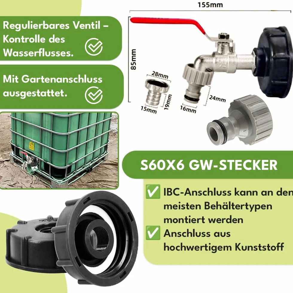 KRUMAD Zawór Kulkowy 1/2 cala, kran ogrodowy do użytku zewnętrznego, zawór czerpalny IBC S60x6, odporny na mróz i korozję, z szybkozłączką i przyłączem do węża 12,5 mm, mosiądz niklowany
