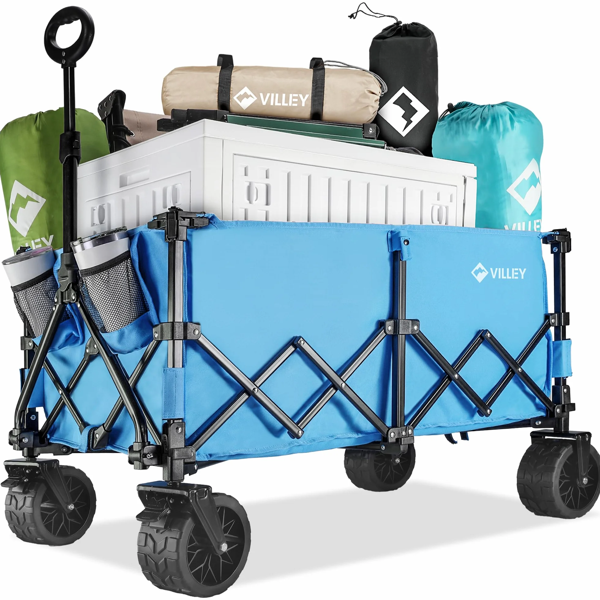 VILLEY Składany Wózek Transportowy 220 L, Nośność 150 Kg, XXL Z Kółkami 10 Cm i Hamulcami, Do Ogrodu, Na Kemping, Plażę, Zakupy, Niebieski