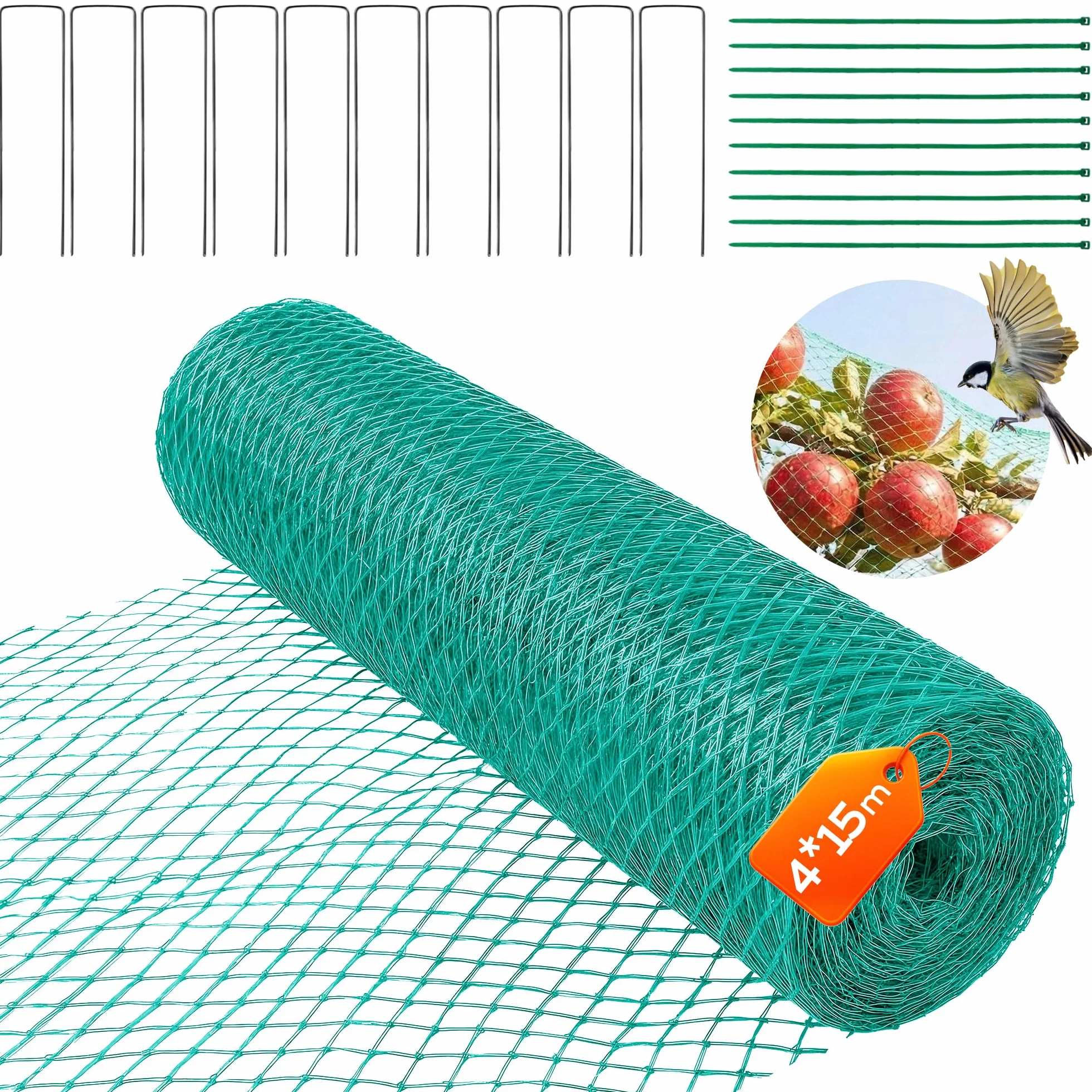 Siatka na ptaki 4x15 m oczka 15x15 mm UV odporna na warunki atmosferyczne z kotwami gruntowymi