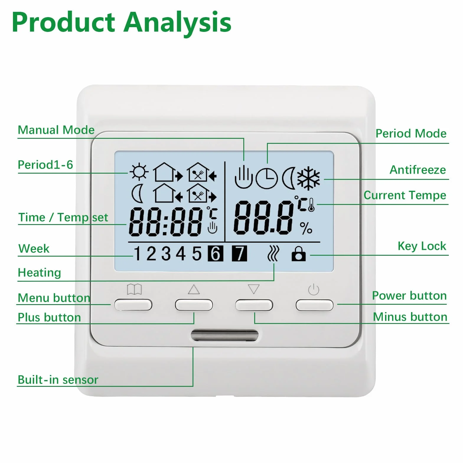 Wengart Termostat programowalny WG806, wyjście 230V 3A, wyświetlacz LCD, przystosowany do ogrzewania wody, biały