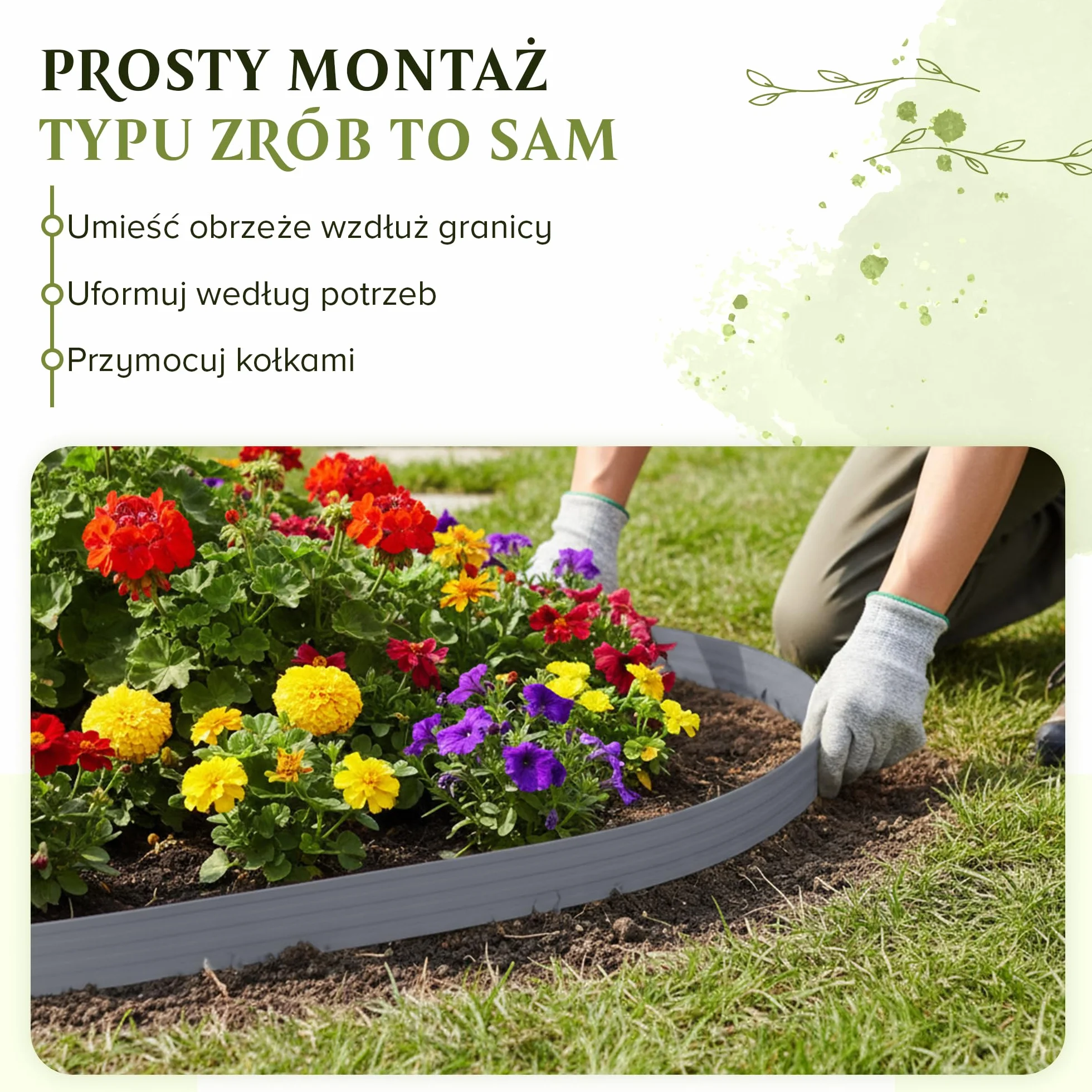 Elastyczne obrzeże trawnika (10 m | 40 kotw gruntowych | 8 cm wysokości), szare, tworzywo sztuczne, odporne na warunki atmosferyczne, obramowanie rabatki kwiatowej, krawędź koszenia
