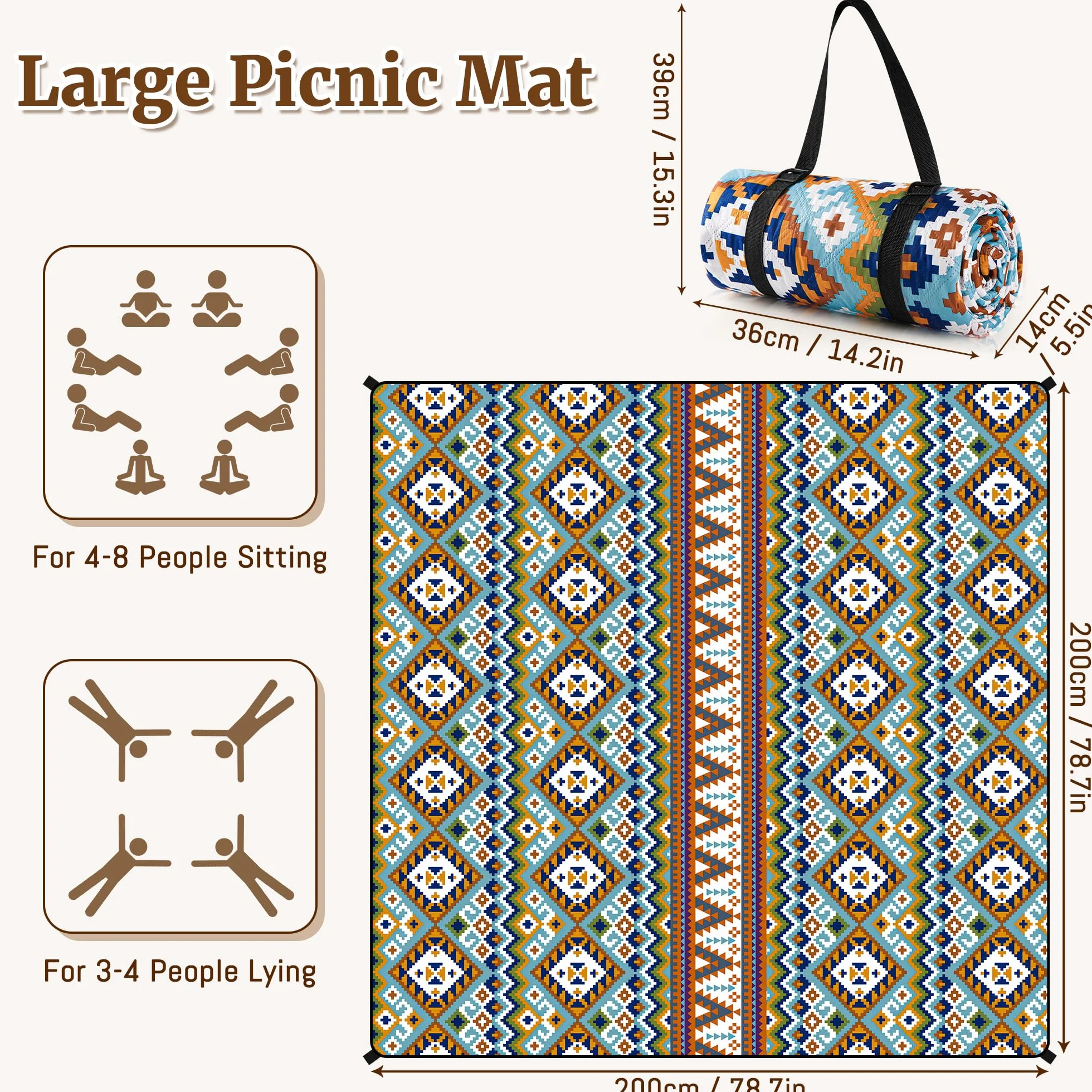 Gucass Boho Koc piknikowy 200x200 cm, Składany Mata Piknikowa - wodoodporny, piaskoodporny, koc outdoorowy dla całej rodziny na na kemping, podróż, do parku, na plażę, do ogrodu