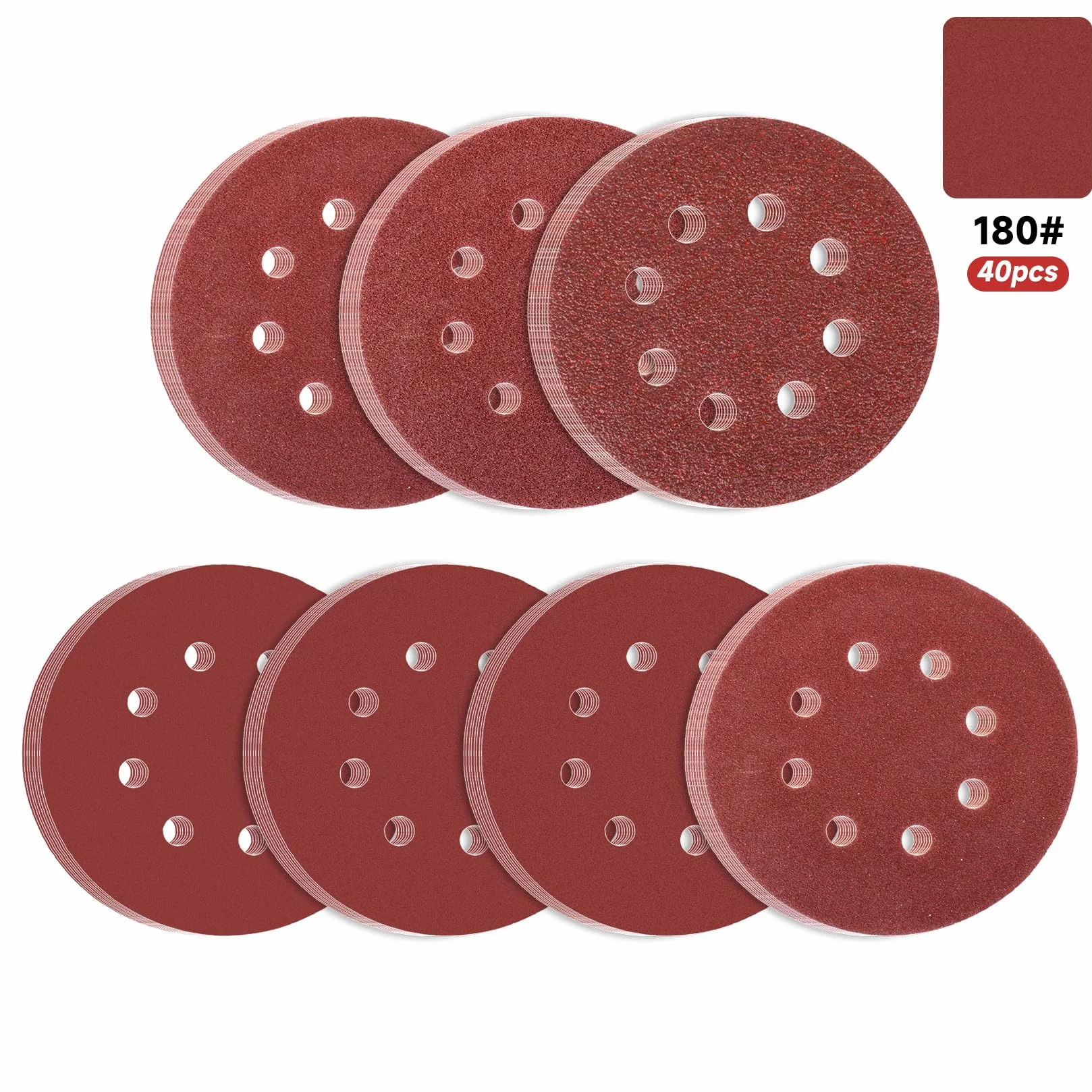 40 sztuk krążków szlifierskich 125 mm na rzep, ziarnistość 180 szlifierek mimośrodowych, papier ścierny 125 mm, arkusze szlifierskie na rzep, papier ścierny z 8 otworami na talerze papieru ściernego