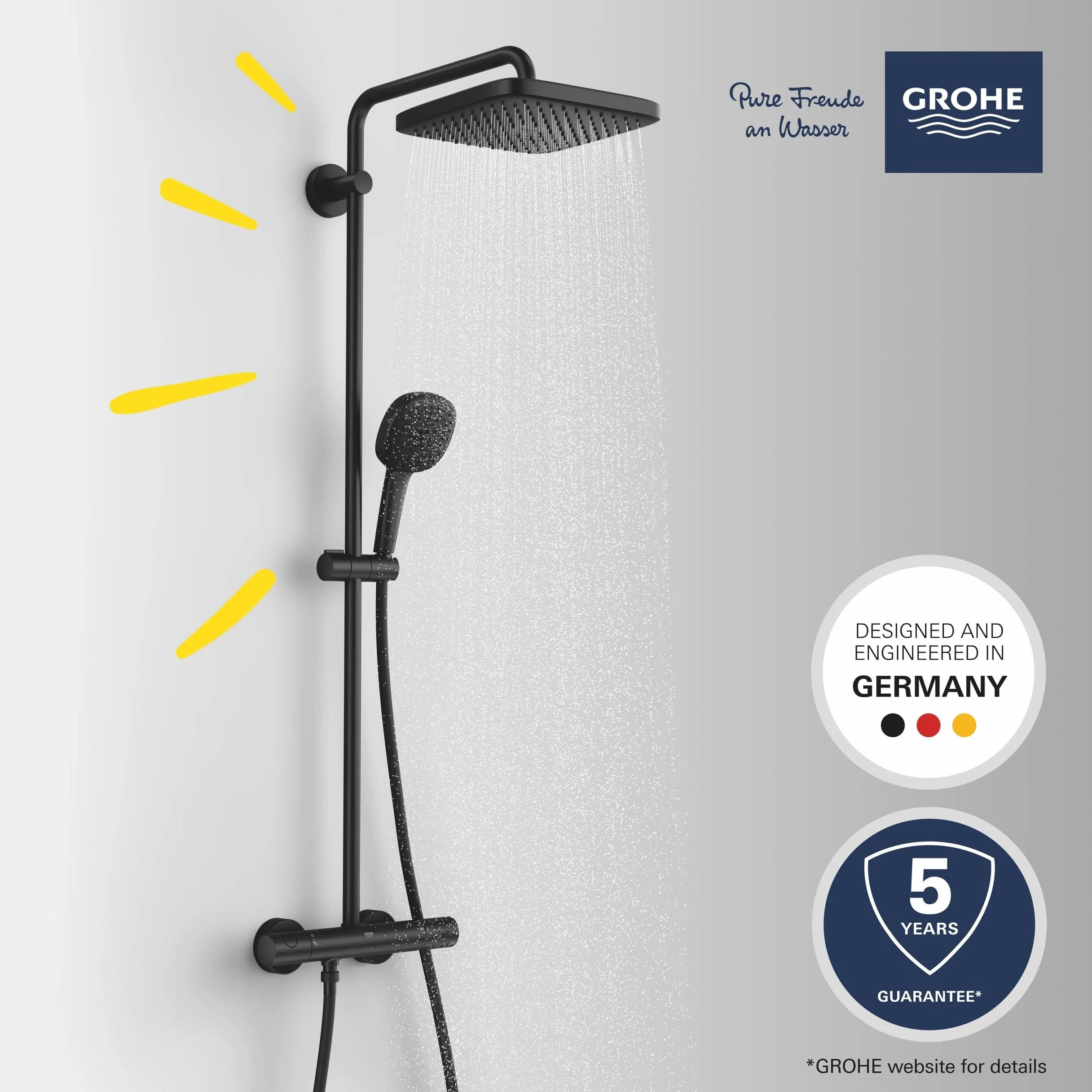 Grohe GROHE Vitalio Comfort 250 Kolumna prysznicowa z termostatycznym akumulatorem, prysznic z kwadratową głowicą 25 cm, 1 strumień, kwadratowy prysznic 11 cm 2 strumienie, elastyczny 1,75 m, oszczędność