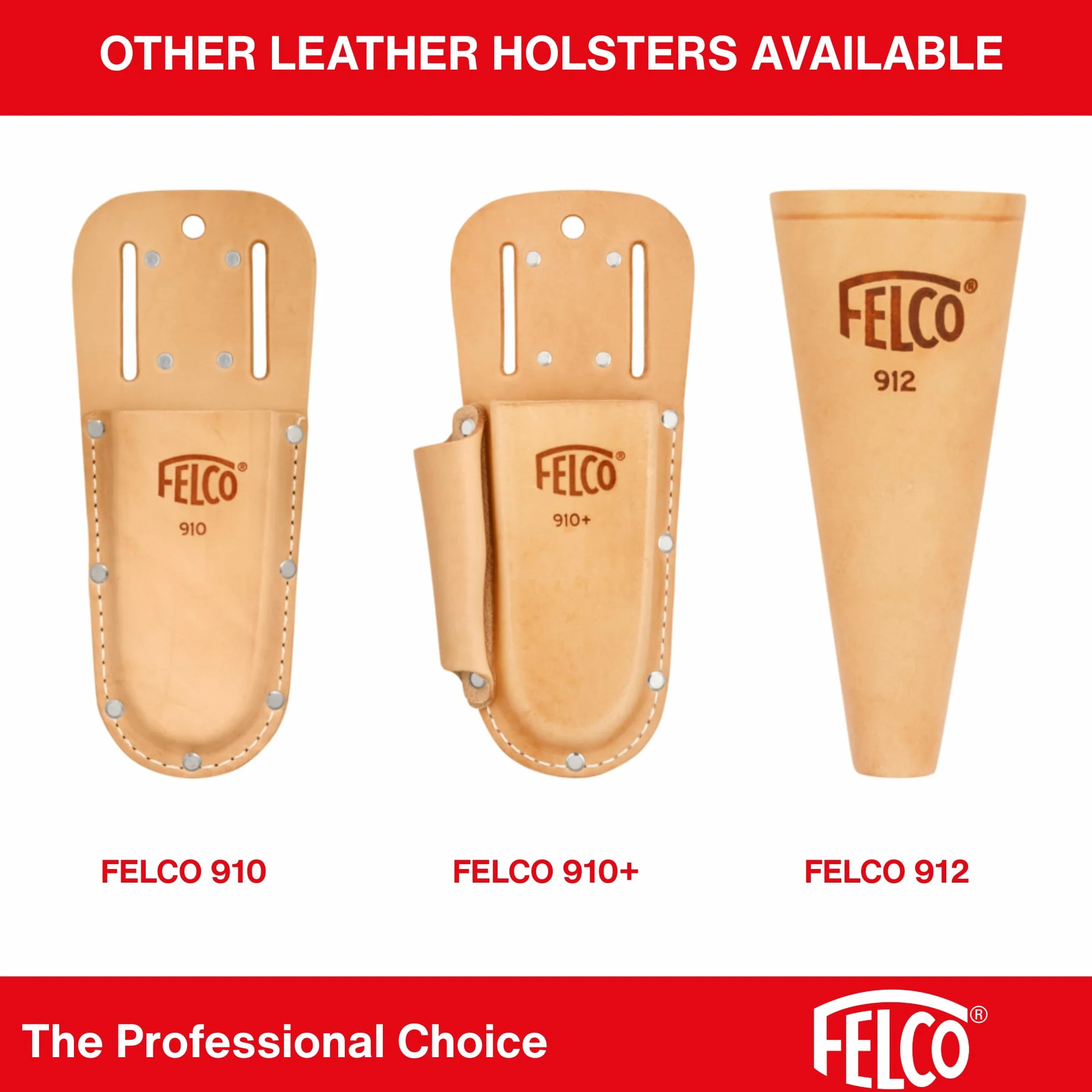 FELCO 912 skórzana kabura do sekatora FELCO mały do średni (S do M) kompatybilna 14, 15, 16, 12, 17, stożkowa uniwersalna, mocowanie pasek lub klips, 150 mm, 65 g, produkcja szwajcarska
