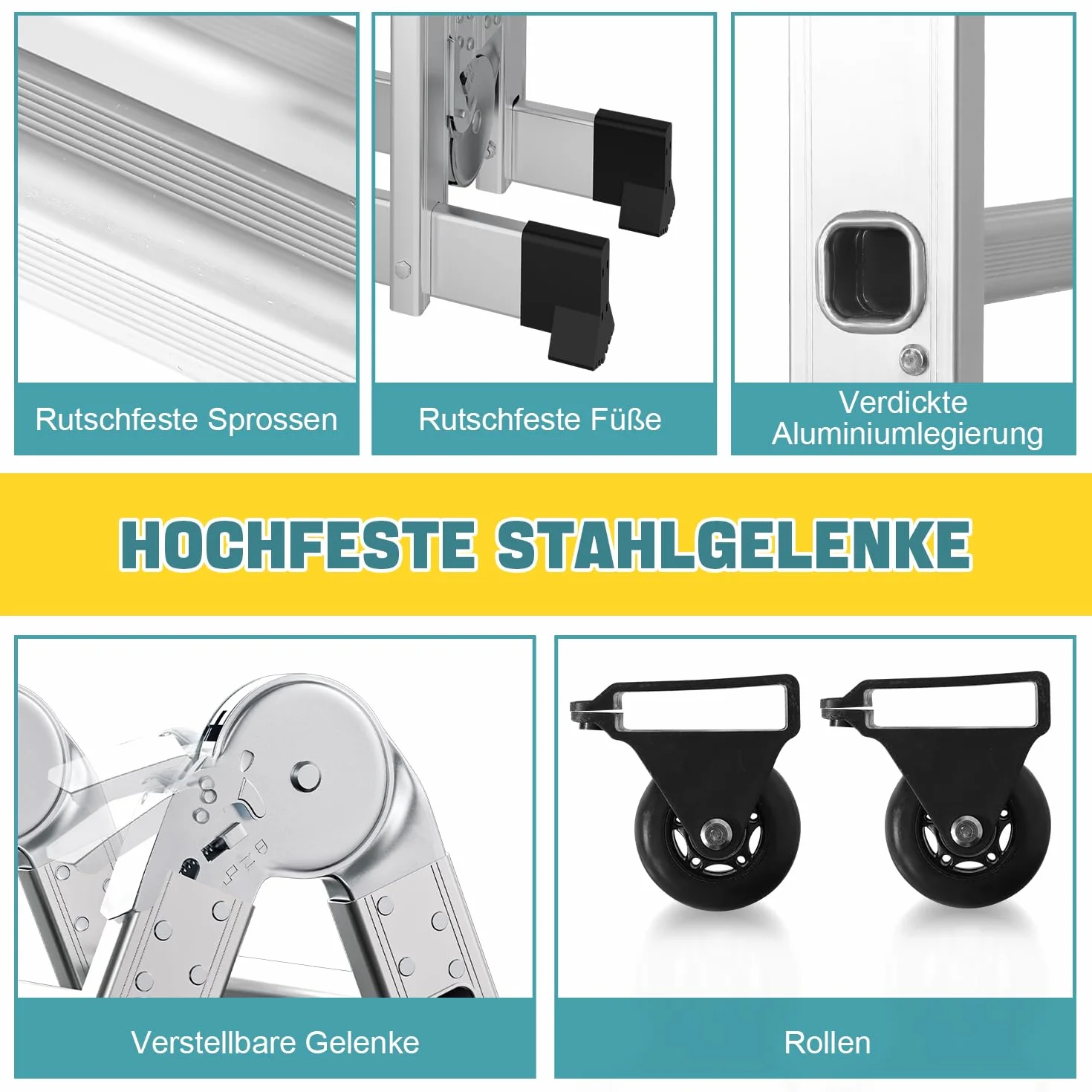 Aluminiowa drabina wielofunkcyjna 3,6 m, 4 x 3 stopnie, drabina wielofunkcyjna z platformą, aluminiowa drabina z 2 płytami rusztowania, składana drabina 16 stopni, drabina do 150 kg, srebrna
