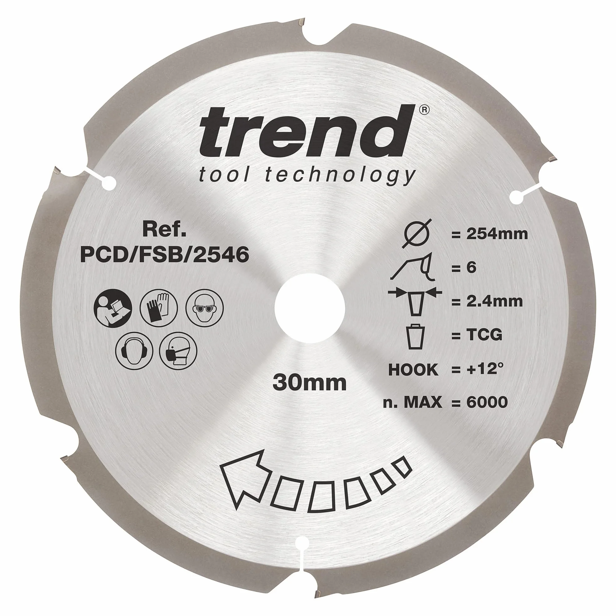 Trend Brzeszczot do piły tarczowej z cementu włóknistego KDD, średnica 254 mm, otwór 30 mm, 6 zębów, 2,4 mm szczelina tnąca, +hak 12°, PKD, gruba powierzchnia, PCD/FSB/2546