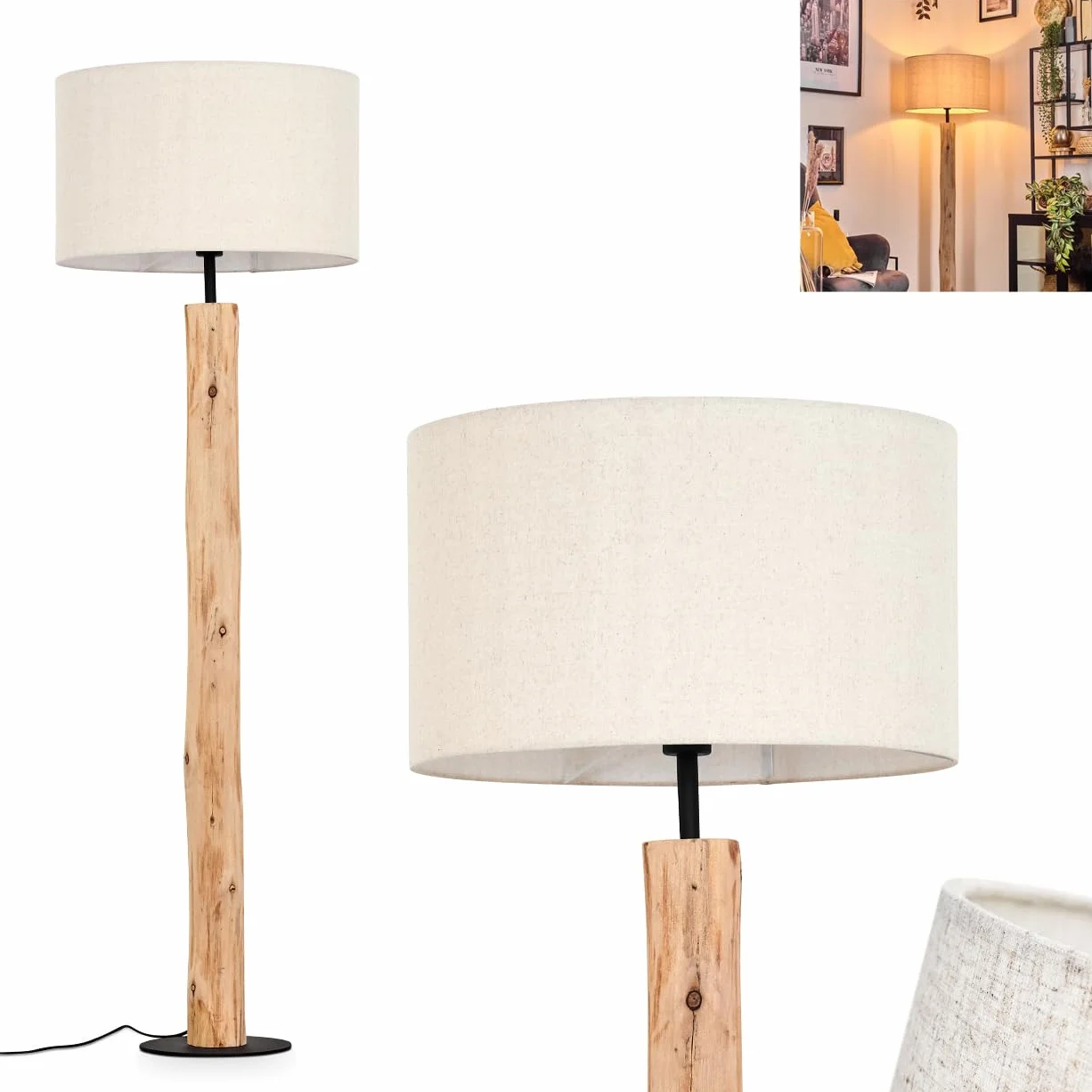 Flemming lampa stojąca, z drewna/metalu w kolorze czarnym/czarnym/beżowym, lampa w skandynawskim designie z okrągłym kloszem (Ø 50 cm) i włącznikiem nożnym, wysokość 159 cm, 1 x E27 bez żarówki