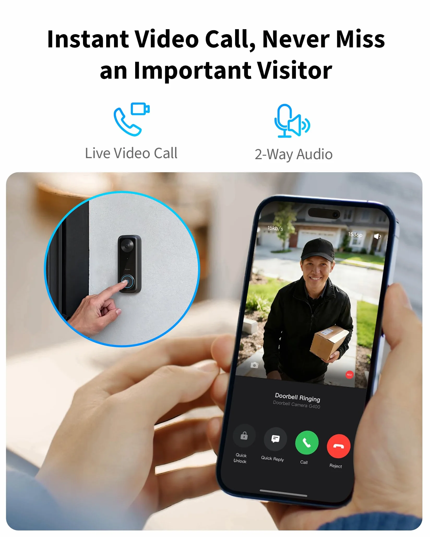 Aqara Wideodomofon G400 z Gongiem, Przewodowy/PoE, HomeKit Secure Video, Widok od stóp do głów w jakości 2K, Wi-Fi 6 2,4/5 GHz, Obsługa Alexa/Google/SmartThings, Lokalne wykrywanie i nagrywanie 24/7