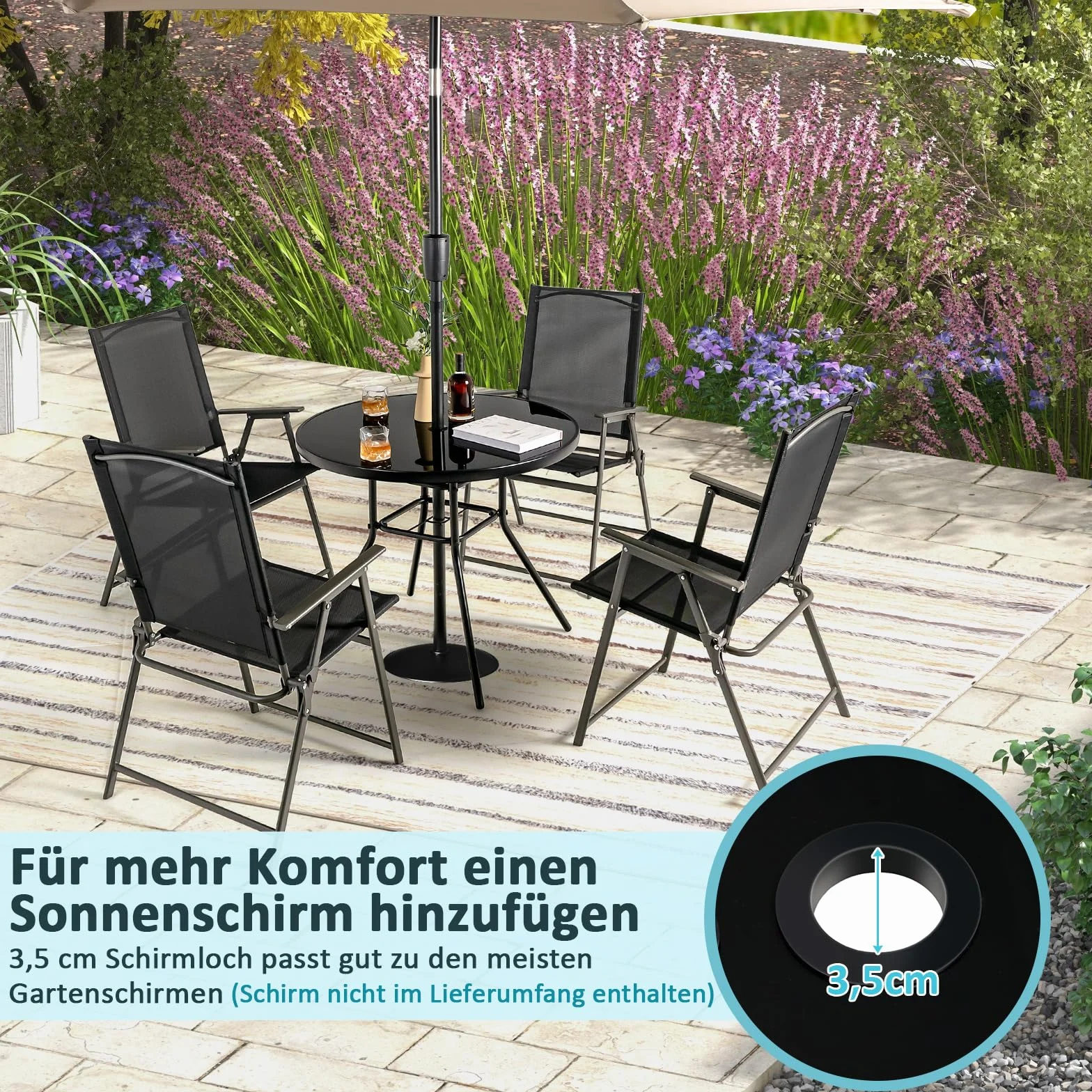 COSTWAY Stół ogrodowy z blatem z hartowanego szkła 86 x 86 x 71 cm, tarasowy z otworem na parasol, dla 4 osób, do jadalni na balkon, czarny