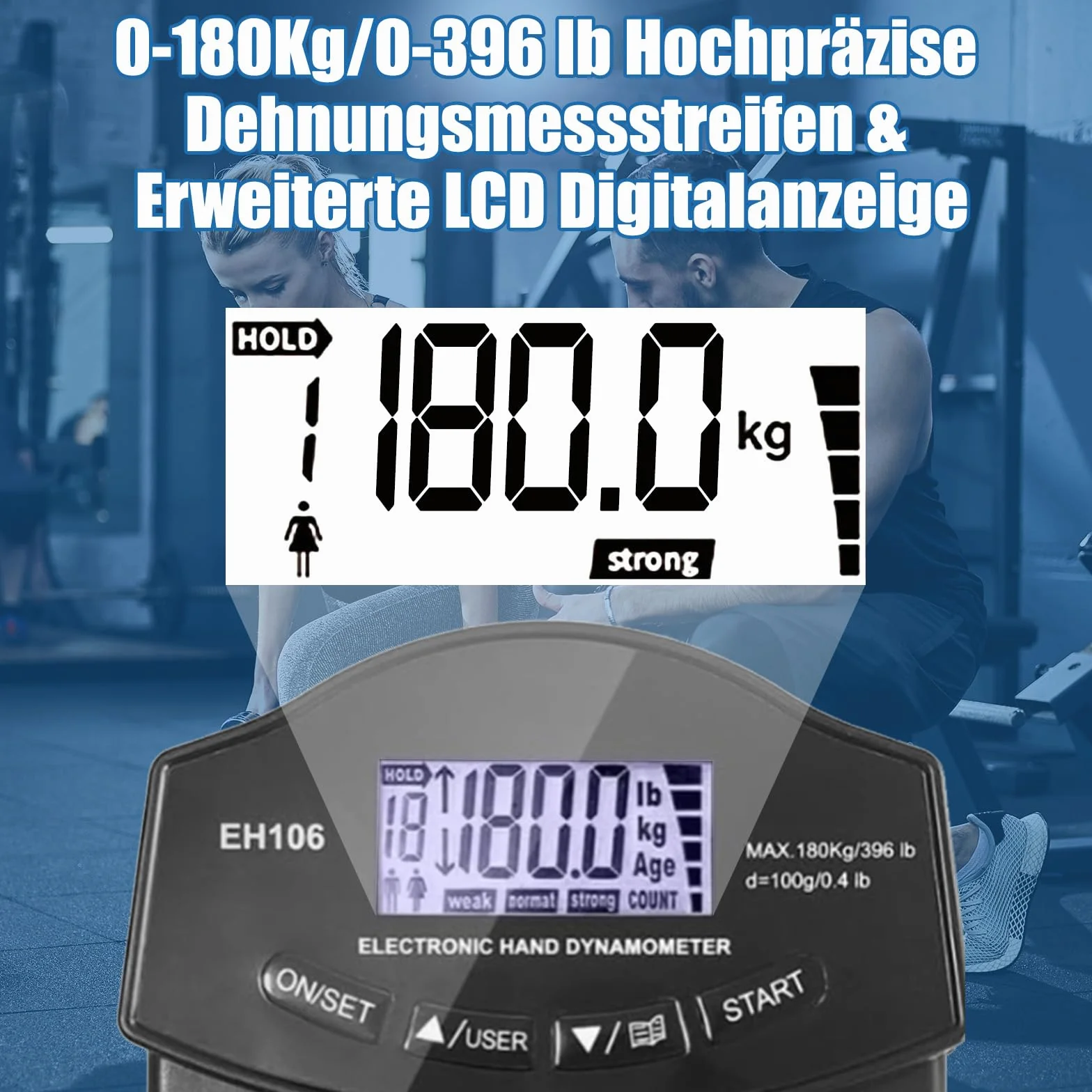 Ręczny dynamometr, siła uchwytu 180 kg, LCD, elektroniczny wyświetlacz cyfrowy, urządzenie do pomiaru siły ręcznej, automatyczne wykrywanie przyczepności, tester, wzmacniacz chwytu, do