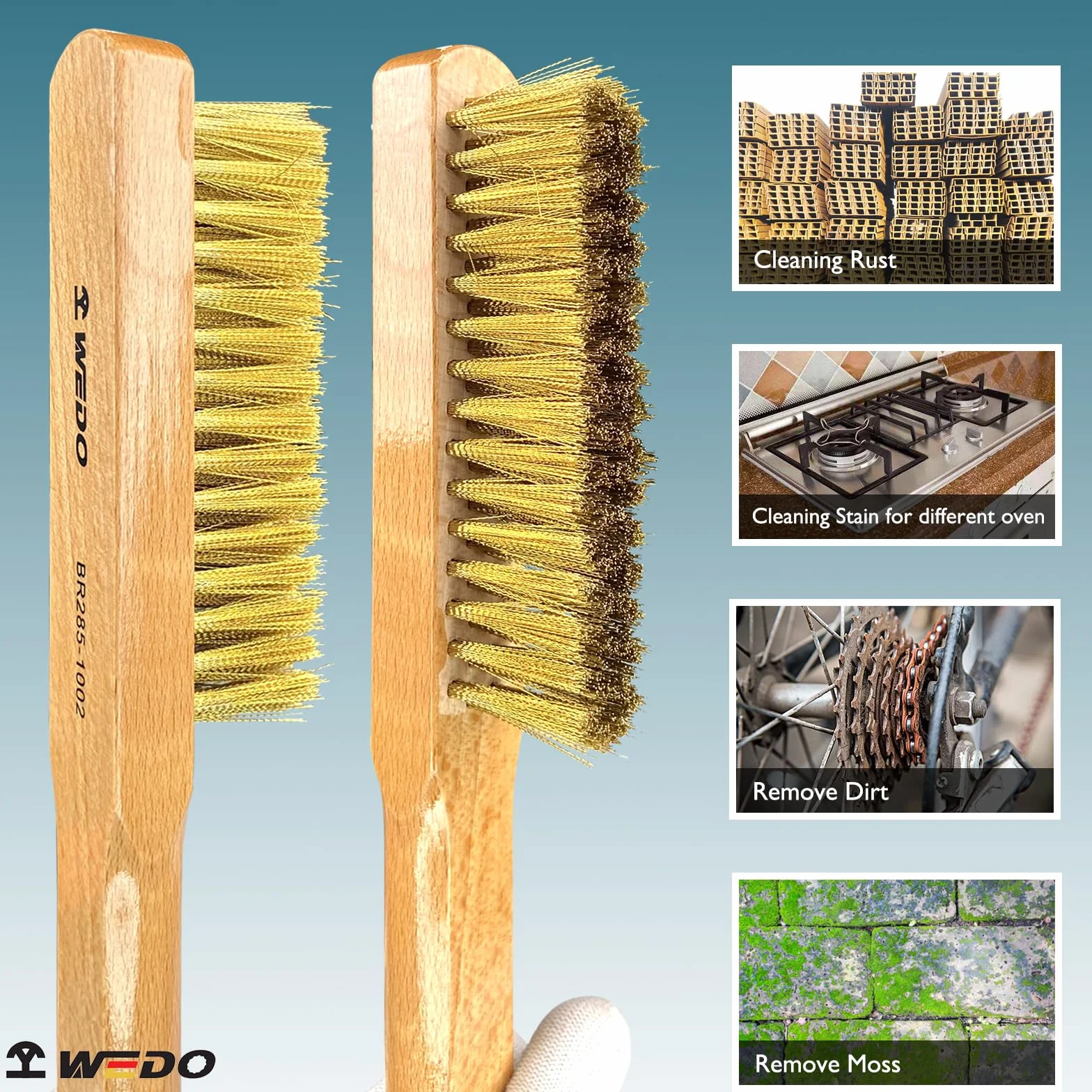 WEDO Zestaw szczotek drucianych, 2 szt. 28 cm mosiężny zestaw pędzli do usuwania farby, rdzy czyszczącej, żużla spawalniczego, czyszczenia grilla, mosiężne włosie z drewnianym uchwytem