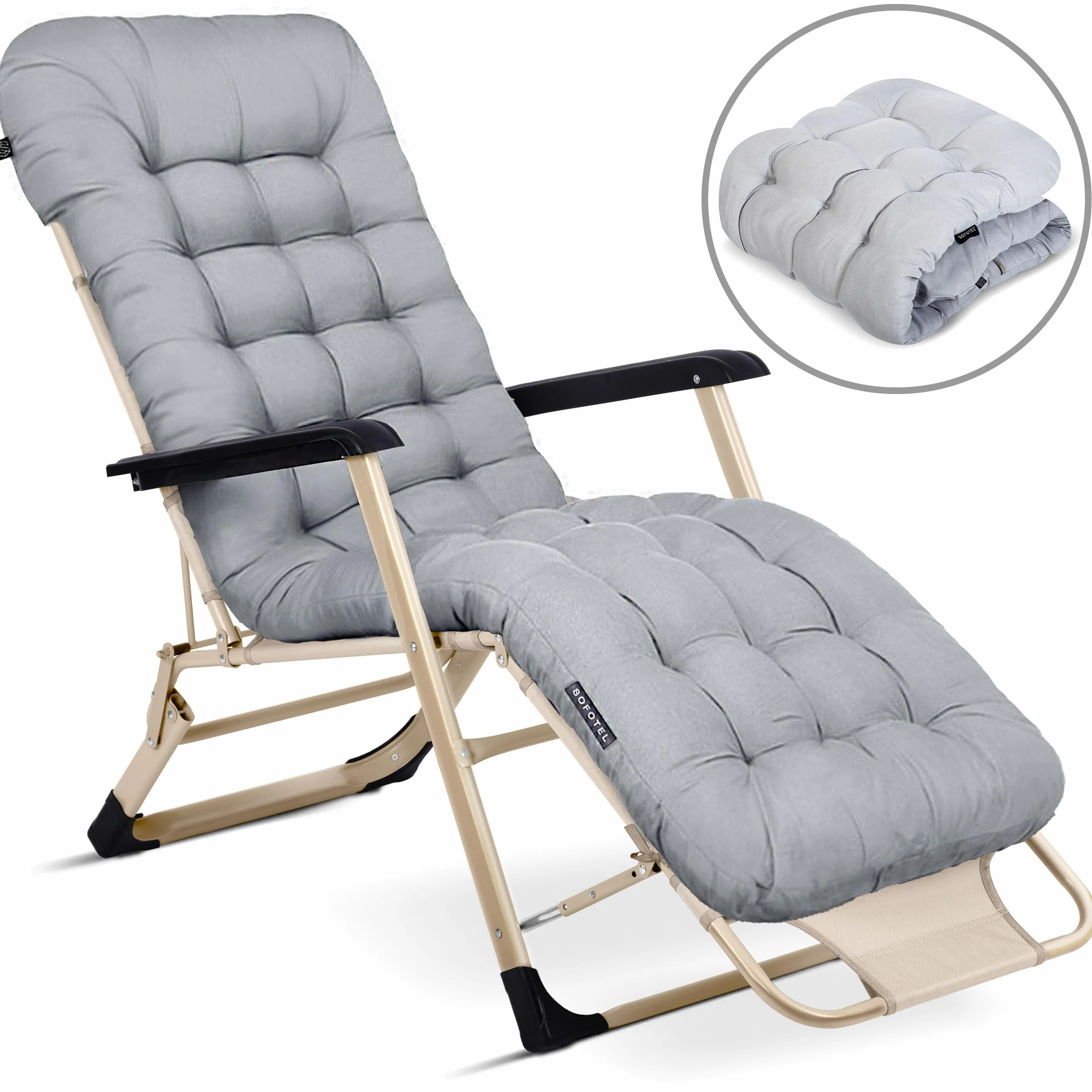 Leżak Ogrodowy Składany ChillWell Luxury Szaro-Beżowy Poducha Podgłówek 120 kg