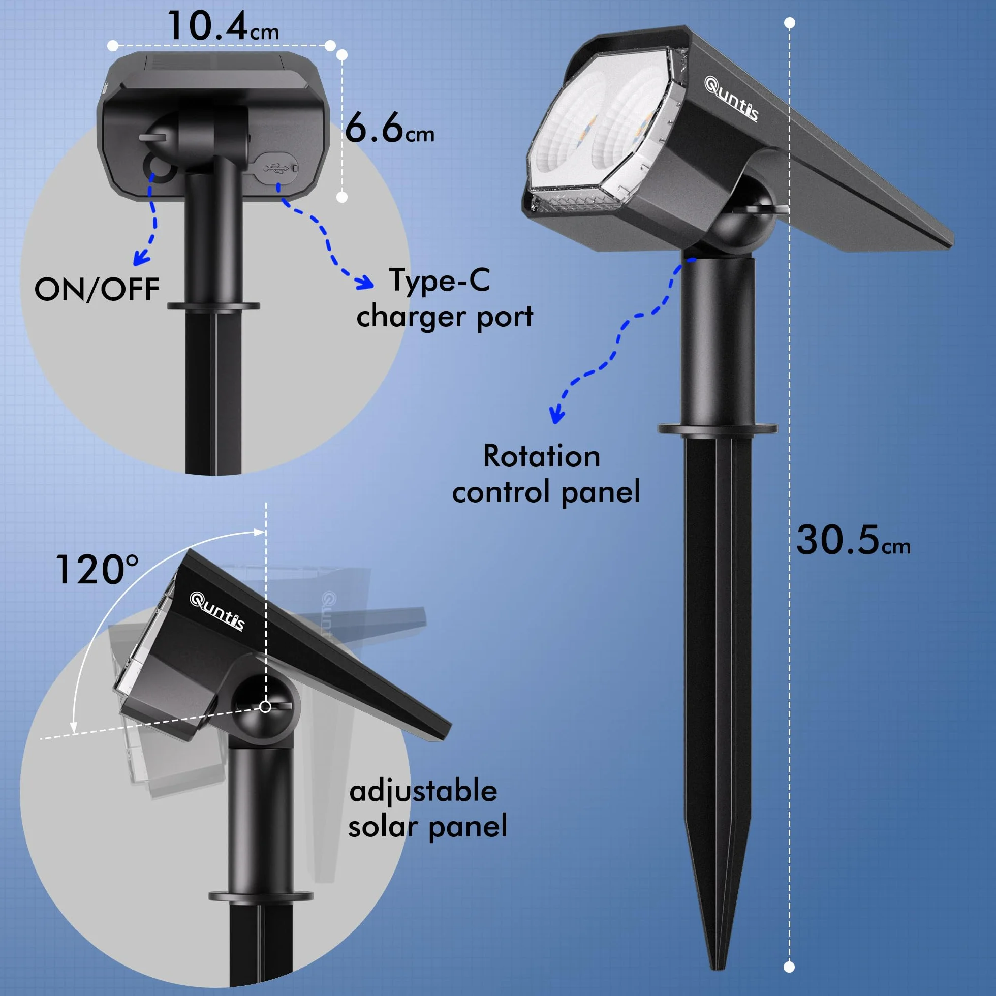 Zestaw 4 reflektorów zewnętrznych LED Quntis 26LEDs, wodoodporne zewnętrzne oświetlenie słoneczne IP65 z 3 kolorami i 6 trybami, kabel ładujący USB C, zewnętrzny reflektor słoneczny