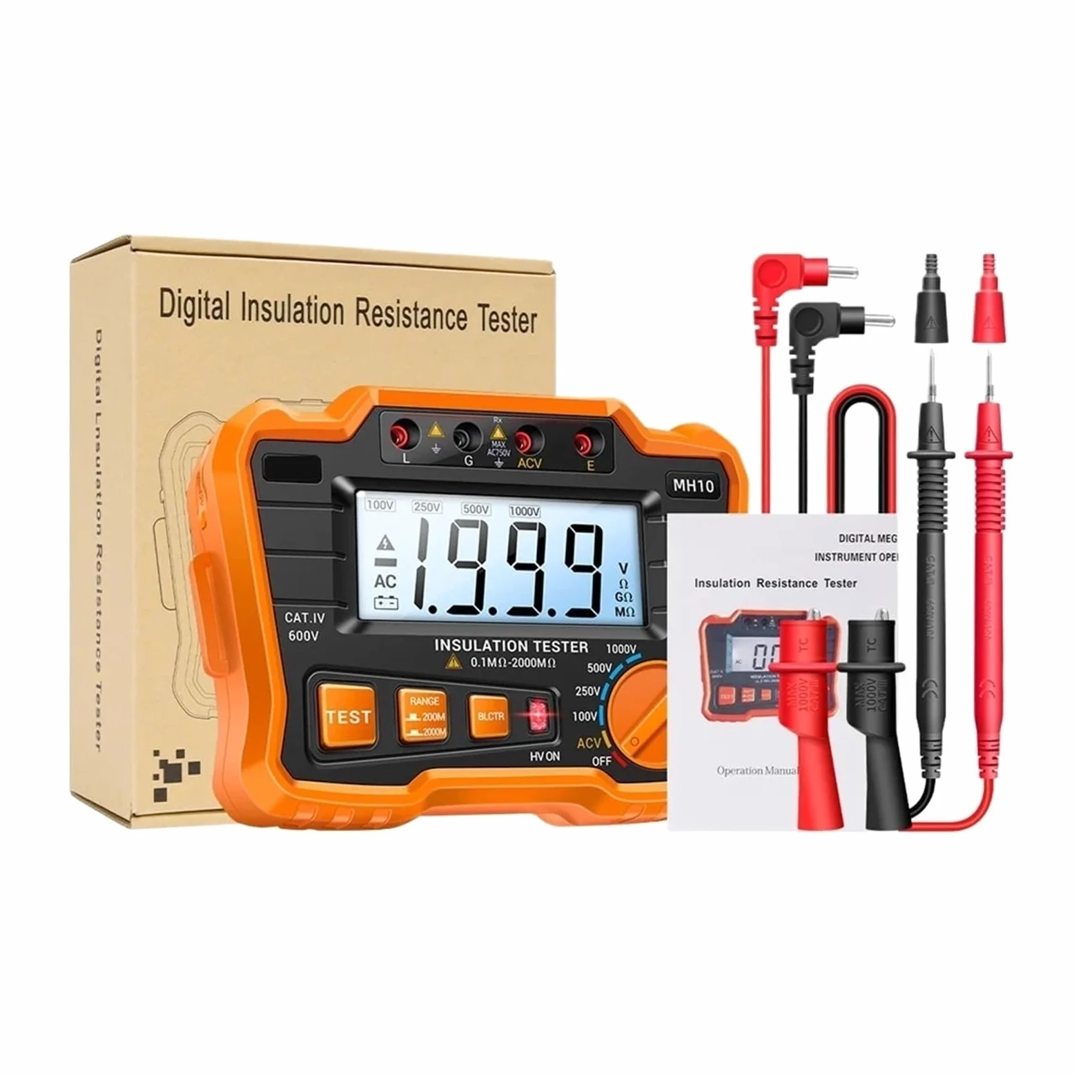 Cyfrowy Megaomomierz Do Pomiaru Rezystancji Izolacji, Miernik Uziemienia, Automatyczne Rozładowanie Napięcia AC/DC, Tester LCD Wysoka CzułOść(Orange)