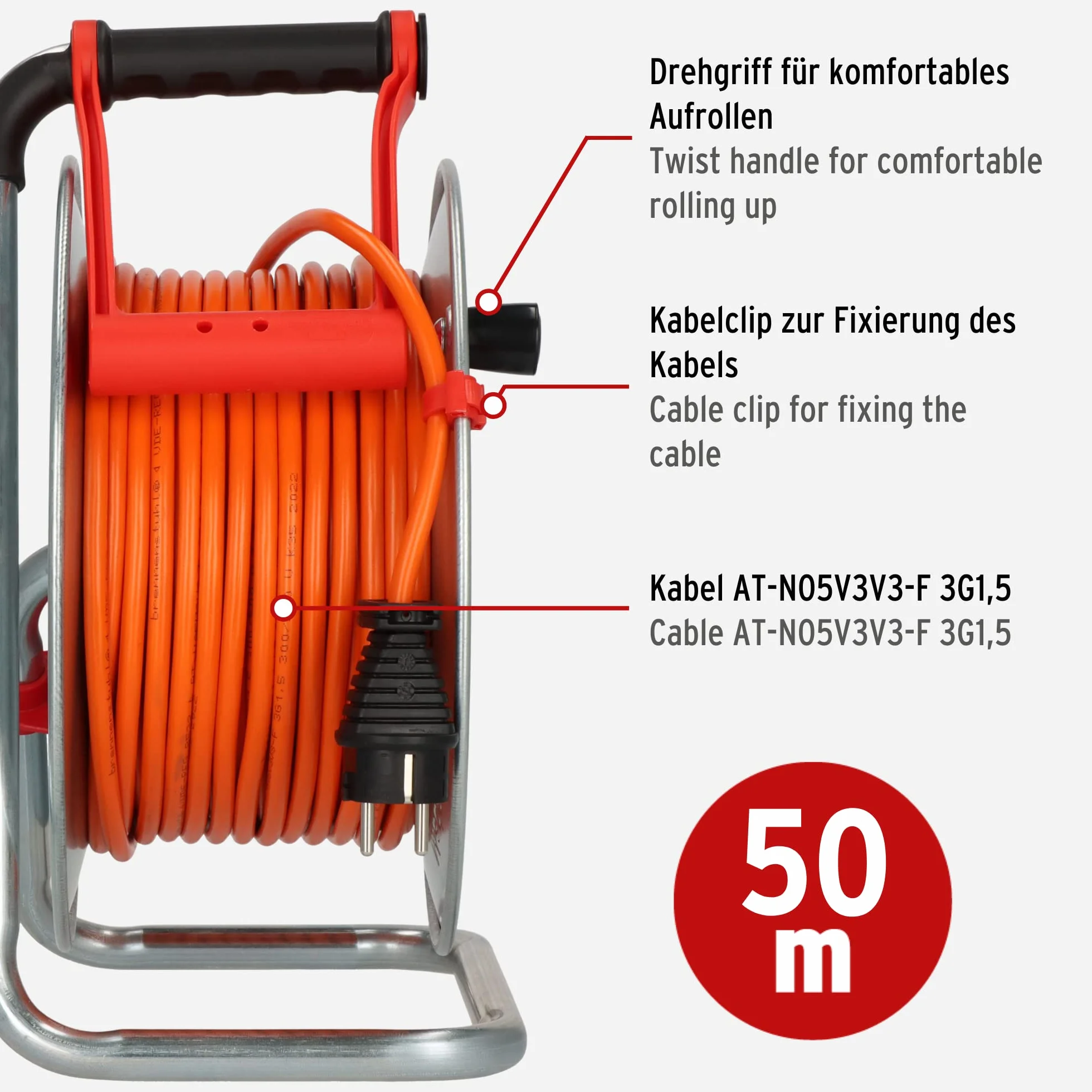 Brennenstuhl Garant S V2 IP44 bęben kablowy 50 m, do użytku na zewnątrz, certyfikat TÜV-Süd (wyprodukowano w Niemczech, kabel w kolorze sygnałowym, pomarańczowy, blacha stalowa, krótkotrwałe