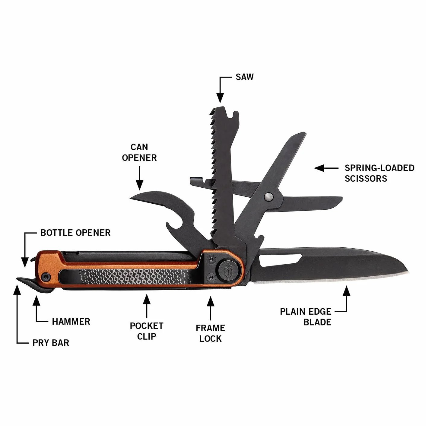 Gerber Scyzoryk z 7 funkcjami, narzędzie wielofunkcyjne z gładkim ostrzem, z nożyczkami i piłą, ArmBar Scout, czarny/pomarańczowy, stal nierdzewna/aluminium, 1064396