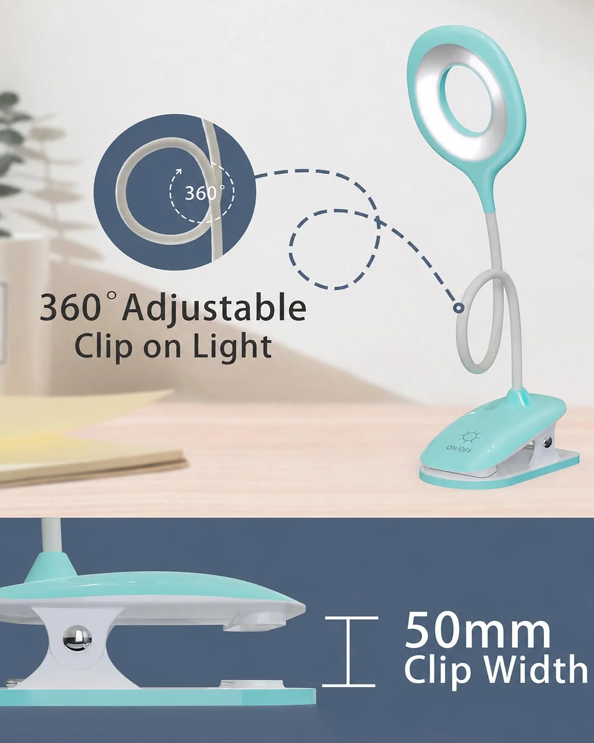 Lampka Zaciskowa do Łóżka dla Dzieci, LED Lampka do Czytania z Klipsem USB, 3 Kolory Światła, Dotykowe Ściemnianie, Lampka Nocna z Elastycznym Ramieniem do Pokoju Dziecka, Łóżka Piętrowego,niebieska