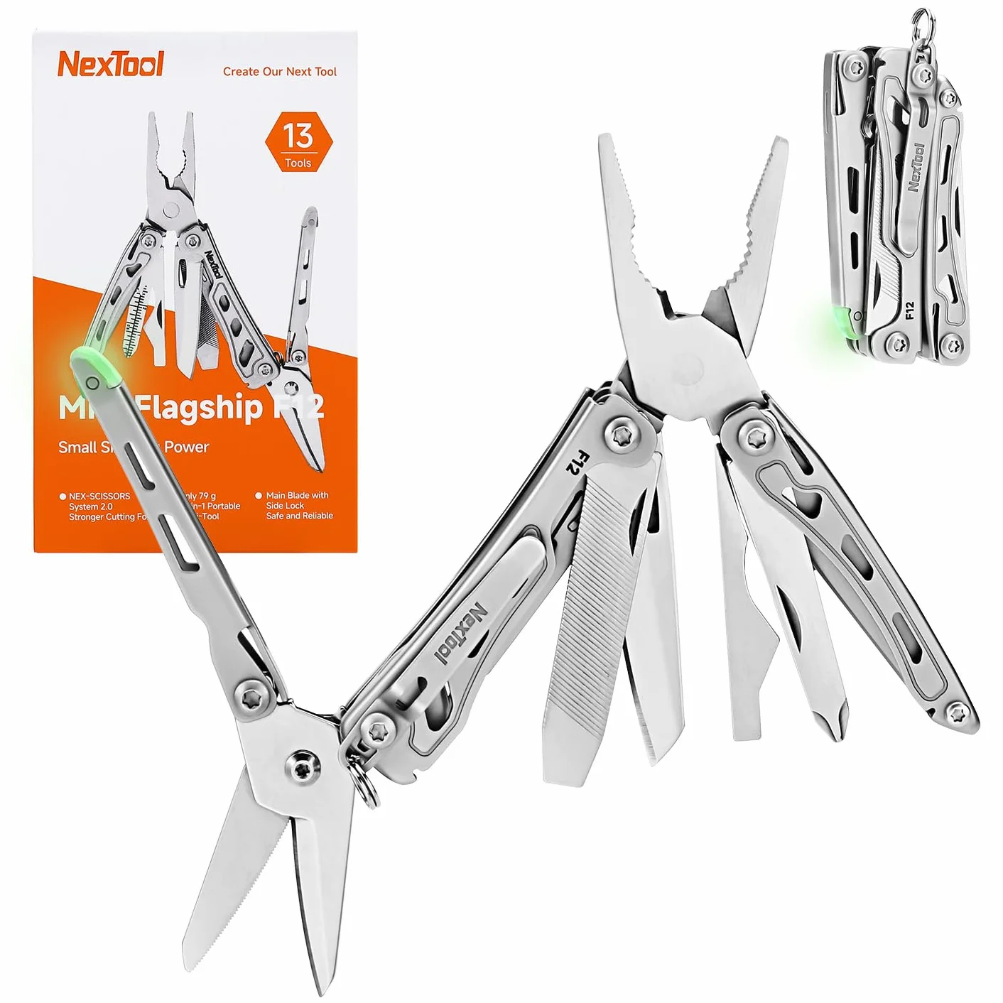 NexTool Multitool, F12 Mini Flagship narzędzie wielofunkcyjne 13 w 1, narzędzie wielofunkcyjne do breloczków z nożyczkami ząbkowanymi, pilnikiem, blokadą bezpieczeństwa, ulepszenie stali 80CrMoV14 do