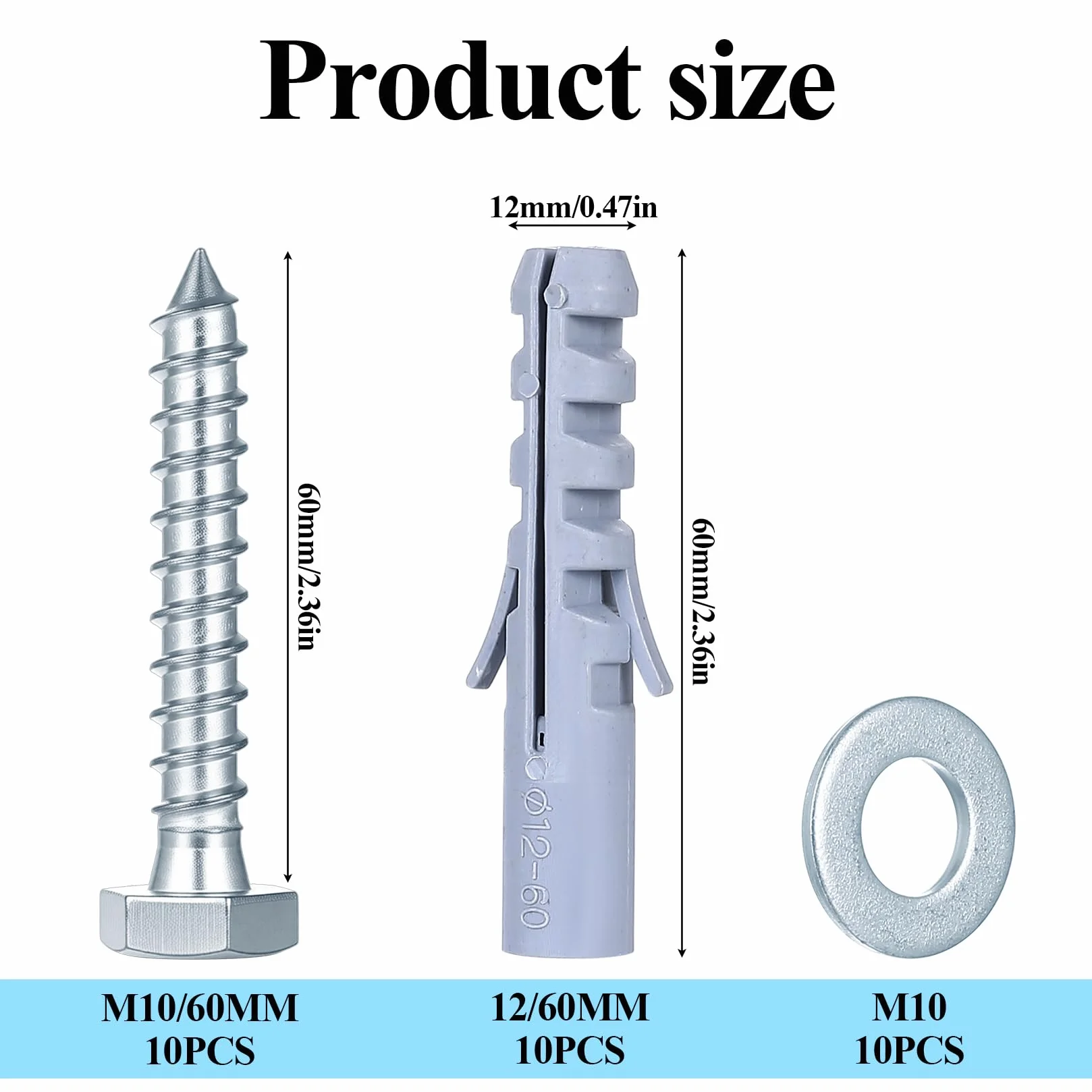 Zestaw 10 kołków rozporowych o dużej wytrzymałości M12 x 60 mm, zestaw kołków rozporowych, śruby sześciokątne, śruby do betonu i kołków rozporowych, uniwersalne kołki rozporowe, długie trzpienie do