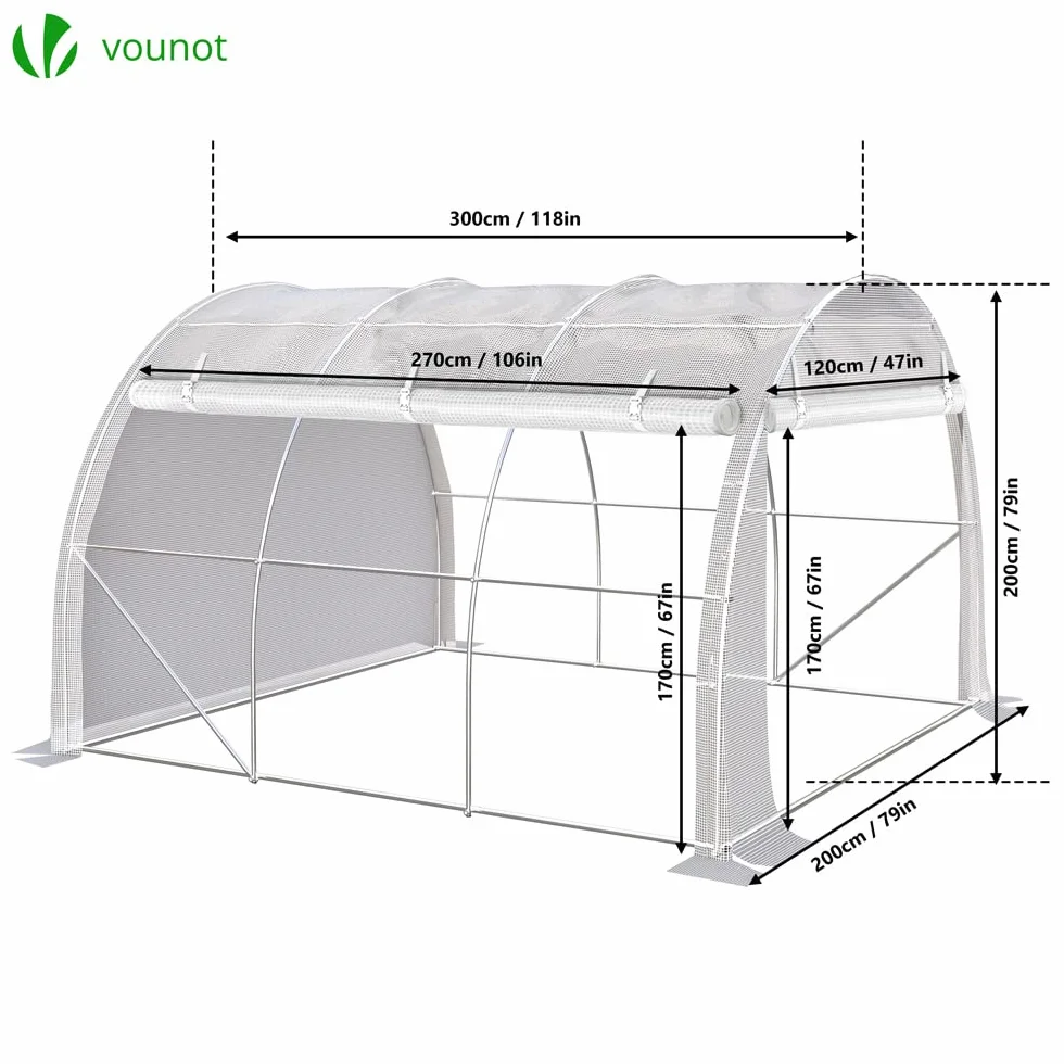 VOUNOT Szklarnia foliowa, ściany boczne, zwijana, odporna na warunki zimowe, szklarnia na pomidory, tunel foliowy, 3x2x2m 6m², biała