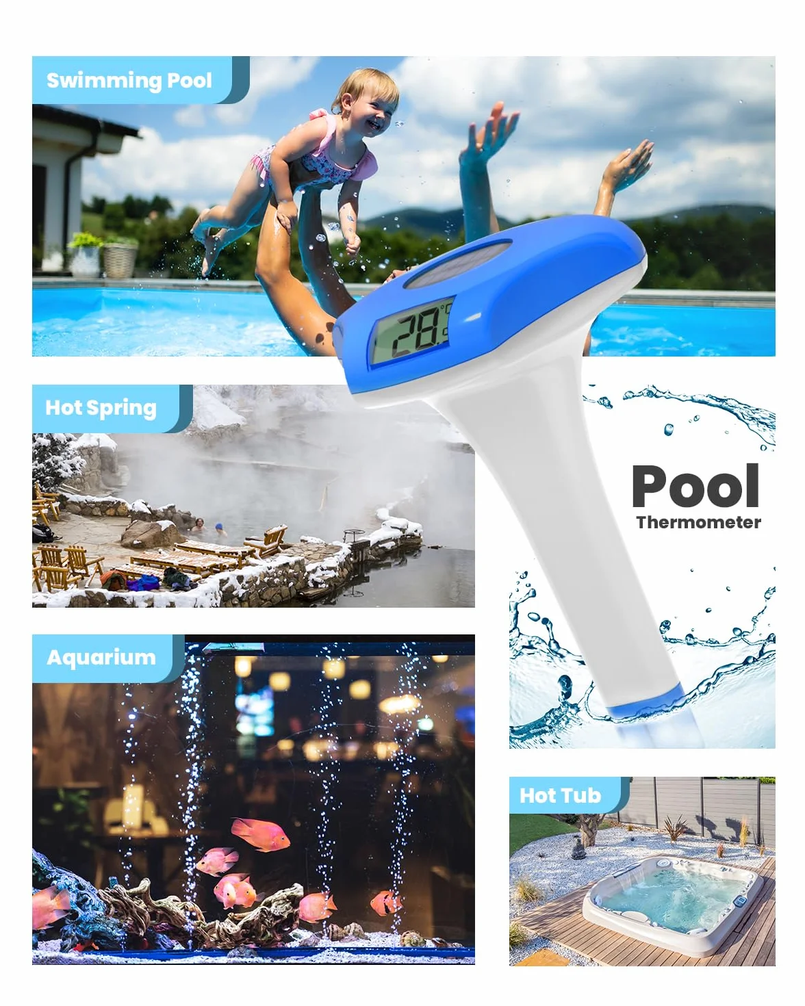 BALDR Pływający termometr basenowy, wodoszczelny IPX8, zasilany energią słoneczną, termometr basenowy, nadaje się do basenu/jacuzzi/źródła ciepłej wody/akwarium (ciemnoniebieski)