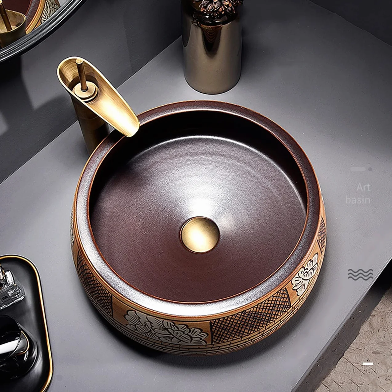 Stary zbiornik ceramiczny Okrągła umywalka nablatowa, zabytkowa ceramiczna umywalka nablatowa artystyczna z kranem i odpływem typu pop-up, umywalka łazienkowa z porcelany artystycznej, B, C(B)