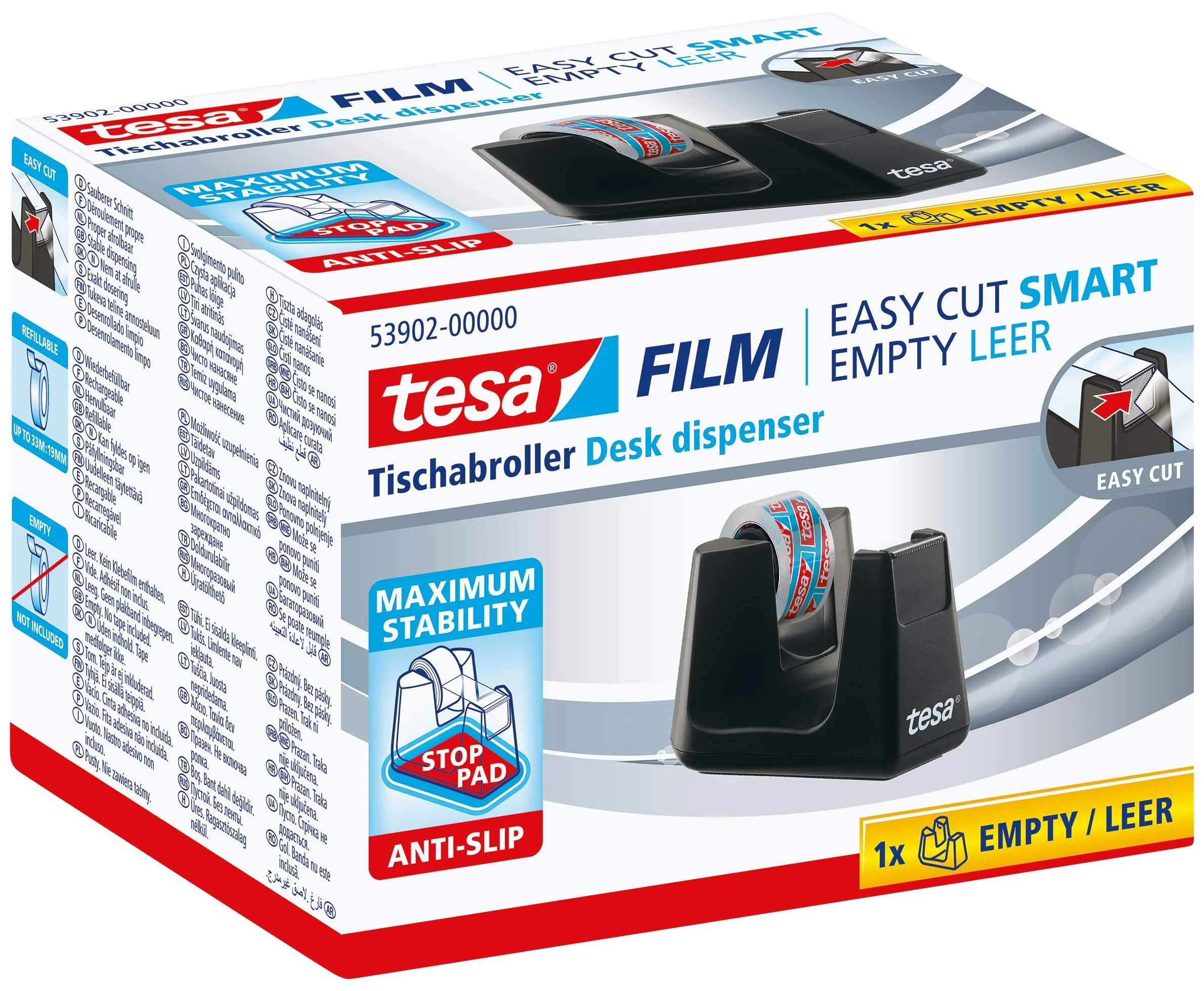 tesa Easy Cut Smart dozownik taśmy klejącej do stołów, kompaktowy dozownik stołowy z technologią antypoślizgową do folii samoprzylepnej do 10 m x 15 mm