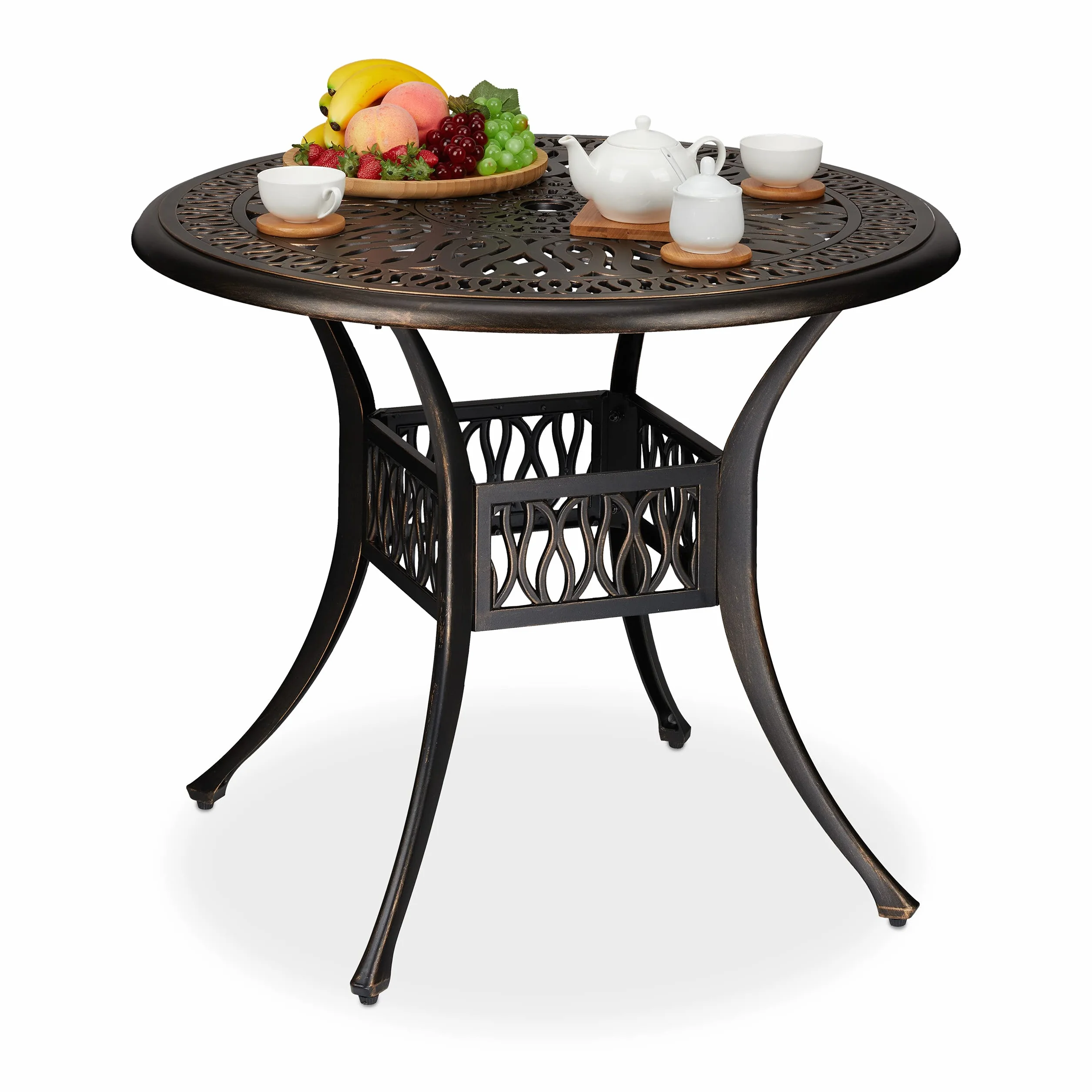 Relaxdays Stół ogrodowy z otworem na parasol, antyczny wygląd, odlew aluminiowy, wys. x śr.: 75 x 90 cm, okrągły stół balkonowy, czarny/brąz