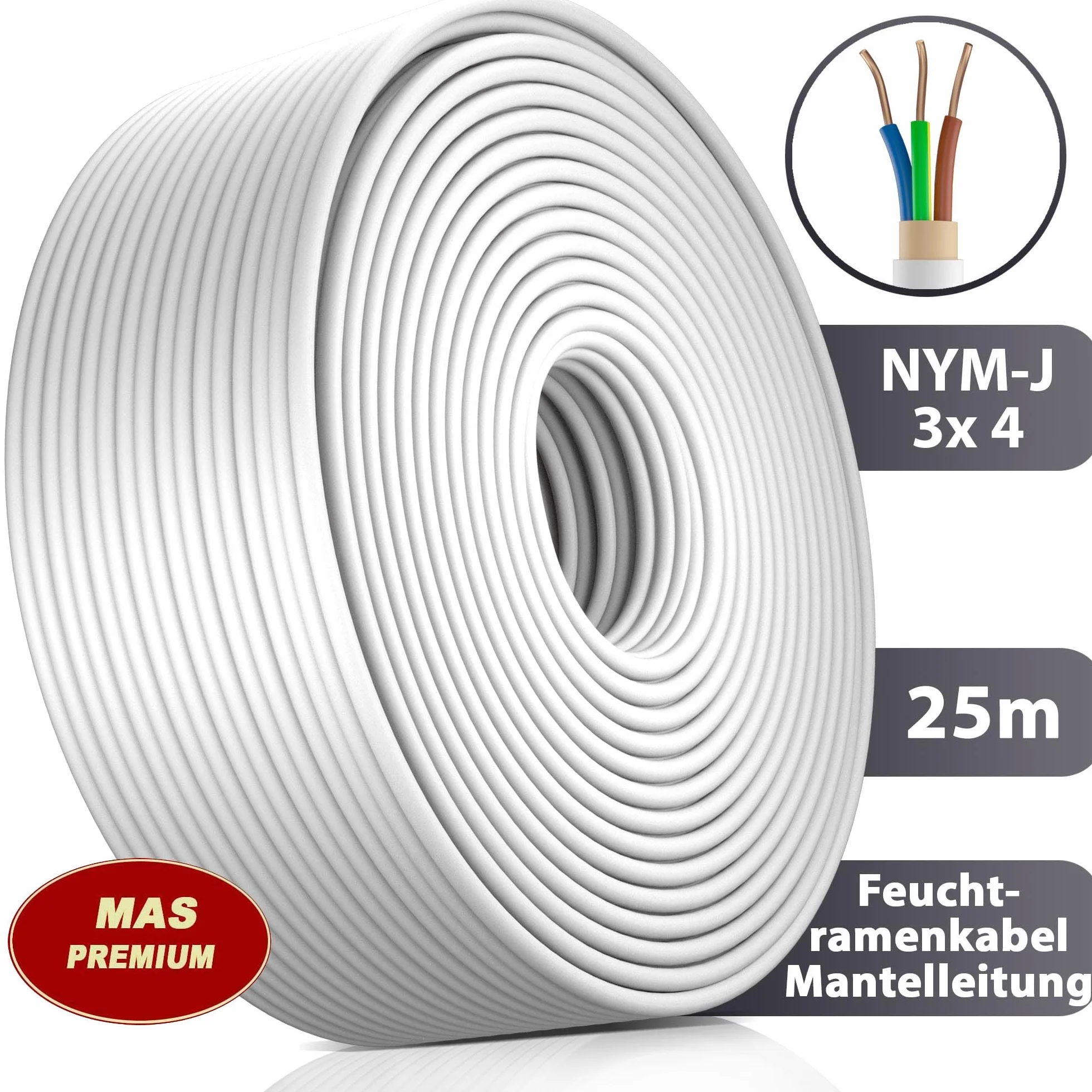 MAS Premium Kabel elektryczny do pomieszczeń wilgotnych, kabel zasilający, przewód płaszczowy NYM-J 3 x 4 mm², pierścień do stałego układania (25 m)