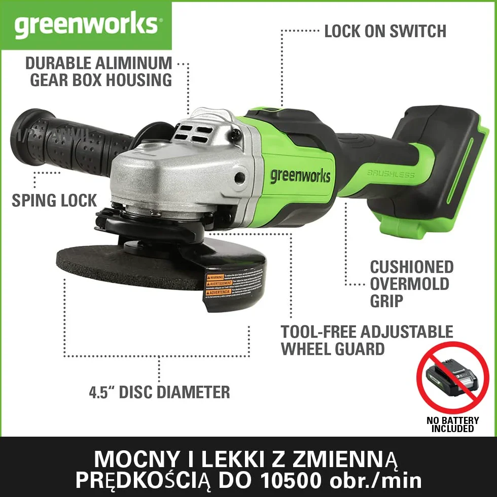 Greenworks GD24AG Akumulatorowa Szlifierka Kątowa z Okrągłą Tarczą 125 mm, 10500 obr./min, Prawo lub Leworęczna BEZ Baterii i Ładowarki 24V