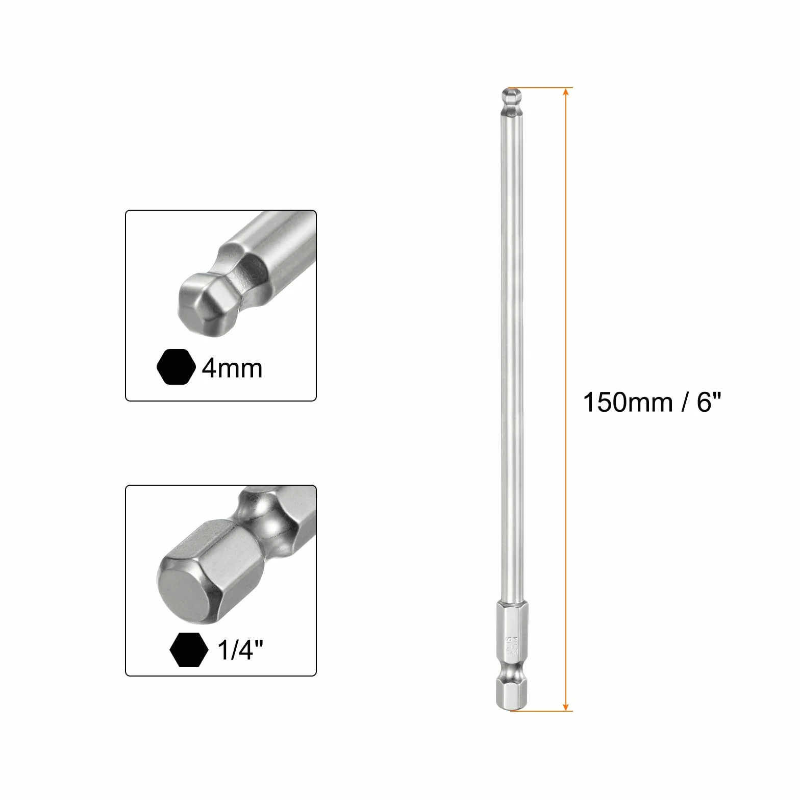 QUARKZMAN Zestaw bitów sześciokątnych z końcówką kulkową 4 mm (H4.0), rozmiar 1/4" 150 mm (6 cala), końcówka sześciokątna, długość wierteł kulistych ze stali S2, bity metryczne