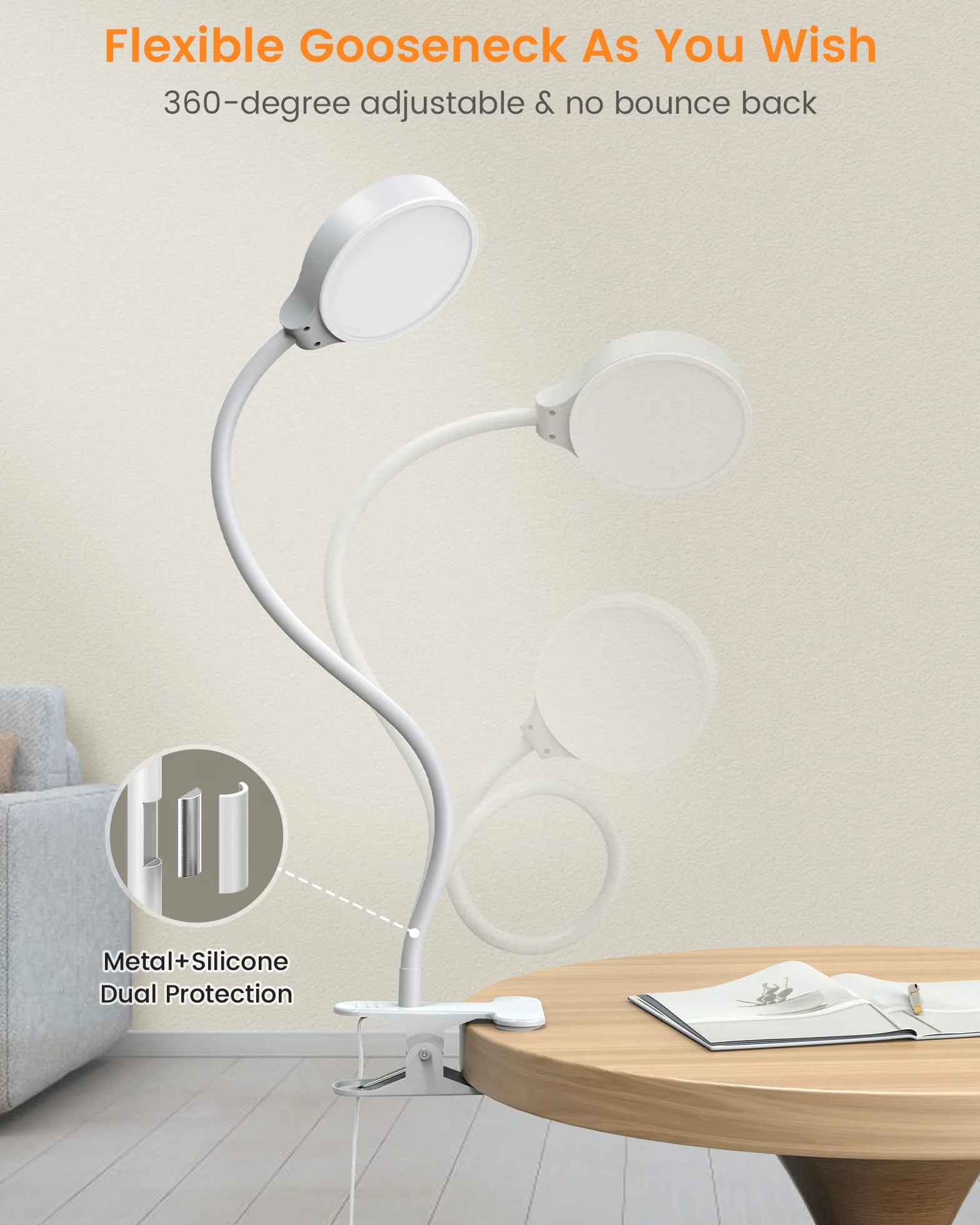 Glocusent Lampa biurkowa LED 5 W z 36 koralikami, łabędzia szyja lampa do łóżka dla 3 kolorów i 5 jasności, CRI 90, idealna lampa do czytania (biała z adapterem)
