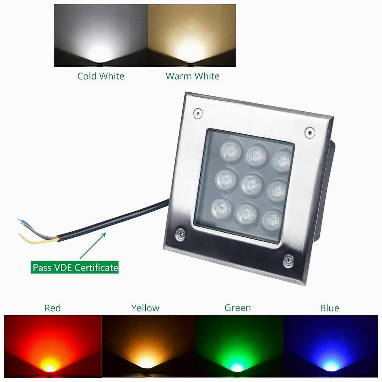 Kwadratowy reflektor LED do ogrodu - zewnętrzna lampa wpuszczana, wodoodporna IP67, projektor podwórka, oświetlenie ścienne i podłogowe niskiego napięcia 12 V (zielone światło, 24 W)