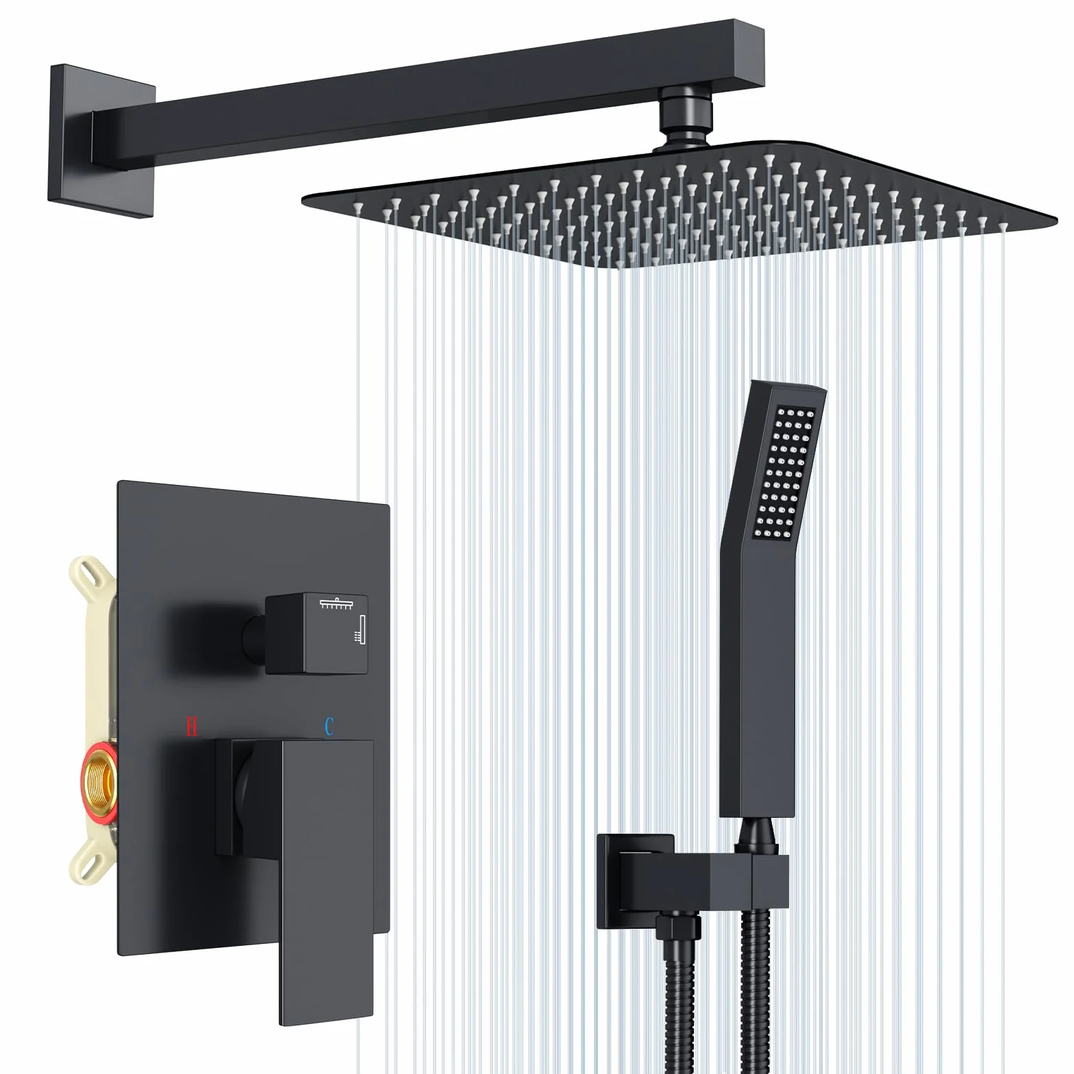 Rainsworth Zestaw podtynkowej armatury prysznicowej, 25 x 25 cm, kwadratowa głowica prysznicowa z nowoczesną technologią Air Injection, wysokiej jakości stal nierdzewna i mosiądz, akcesoria do montażu