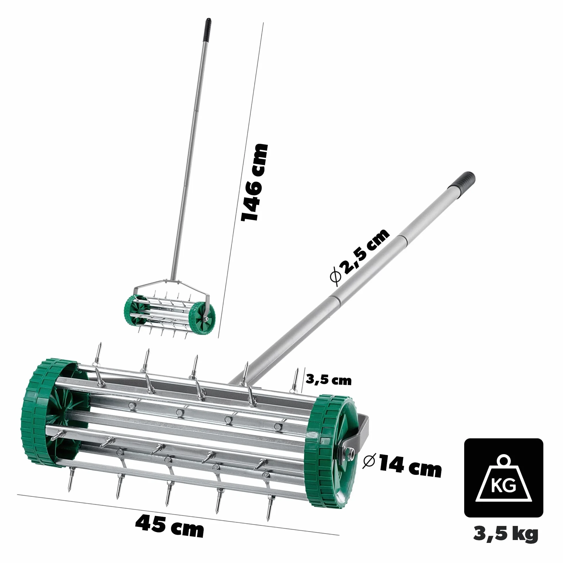 KADAX Ręczny wertykulator napowietrzacz trawnika stalowy aerator z gwoździami 3,3 cm wałek kolczasty 148 cm