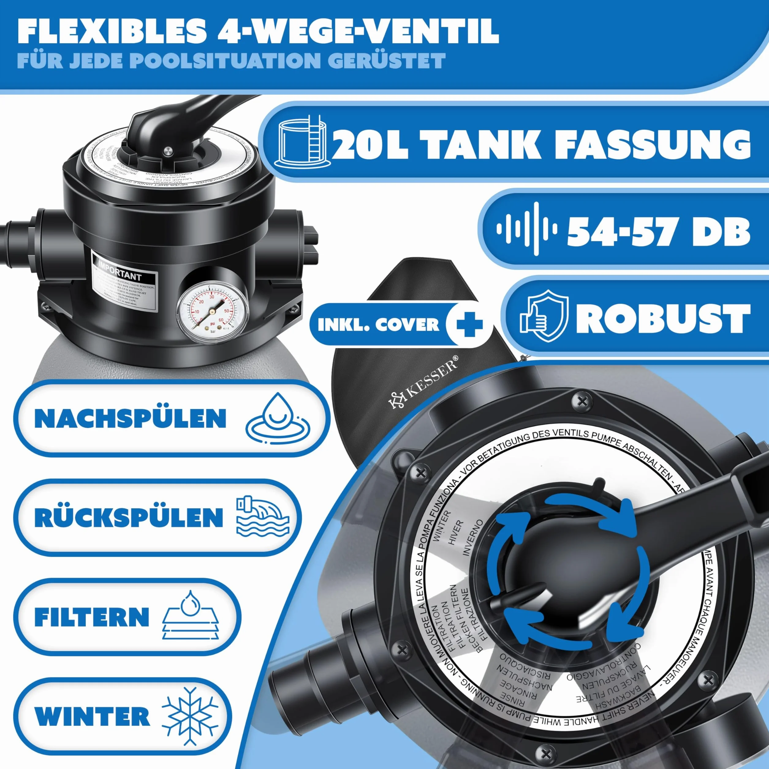 KESSER Filtr piaskowy 10 m³/h pompa filtrująca kulki 700 g zawór 4-drożny szary