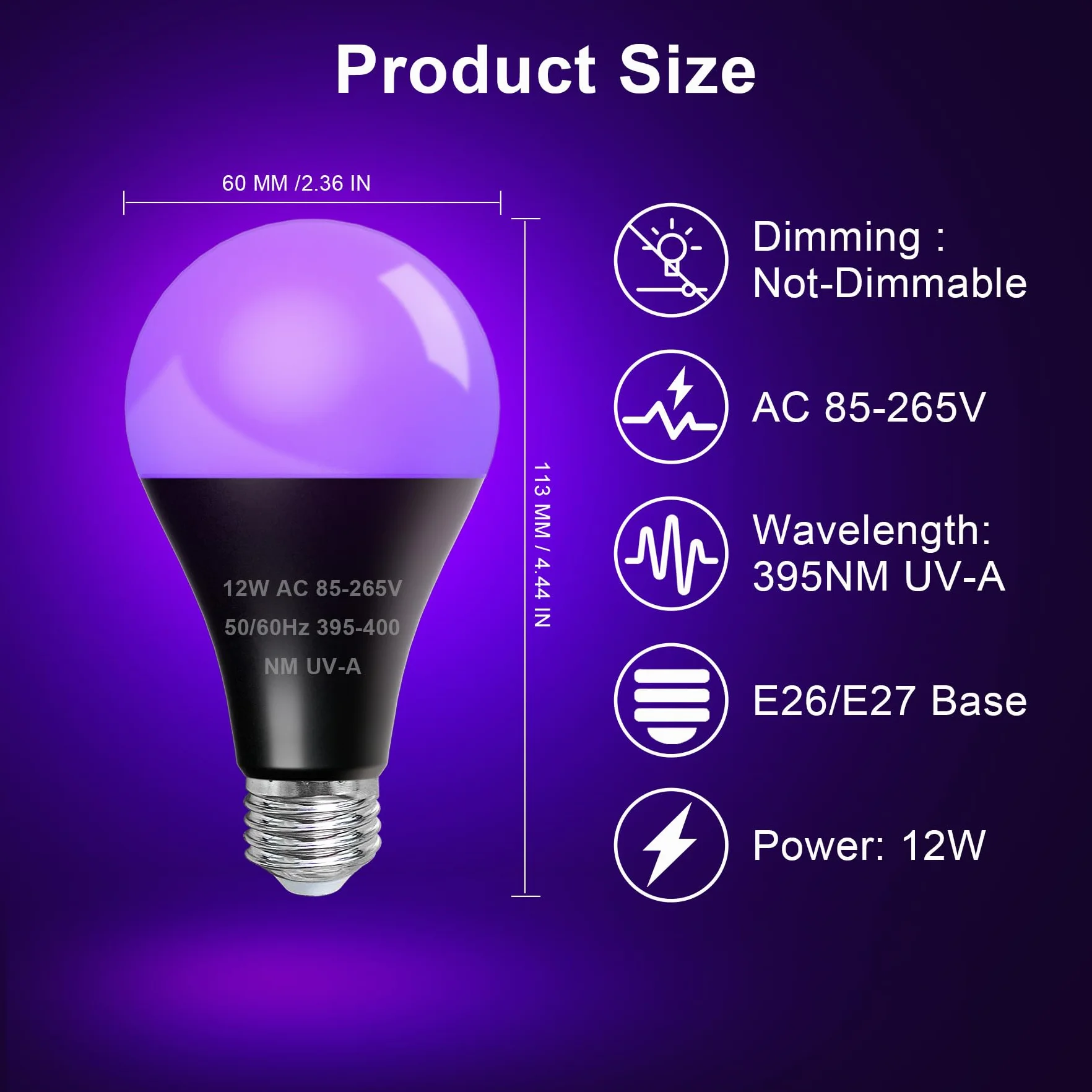 2-pak żarówek UV, czarne światło, E27, 12 W, lampa UV, 395 nm UVA, czarna żarówka na imprezę, do klubu, baru, na Halloween