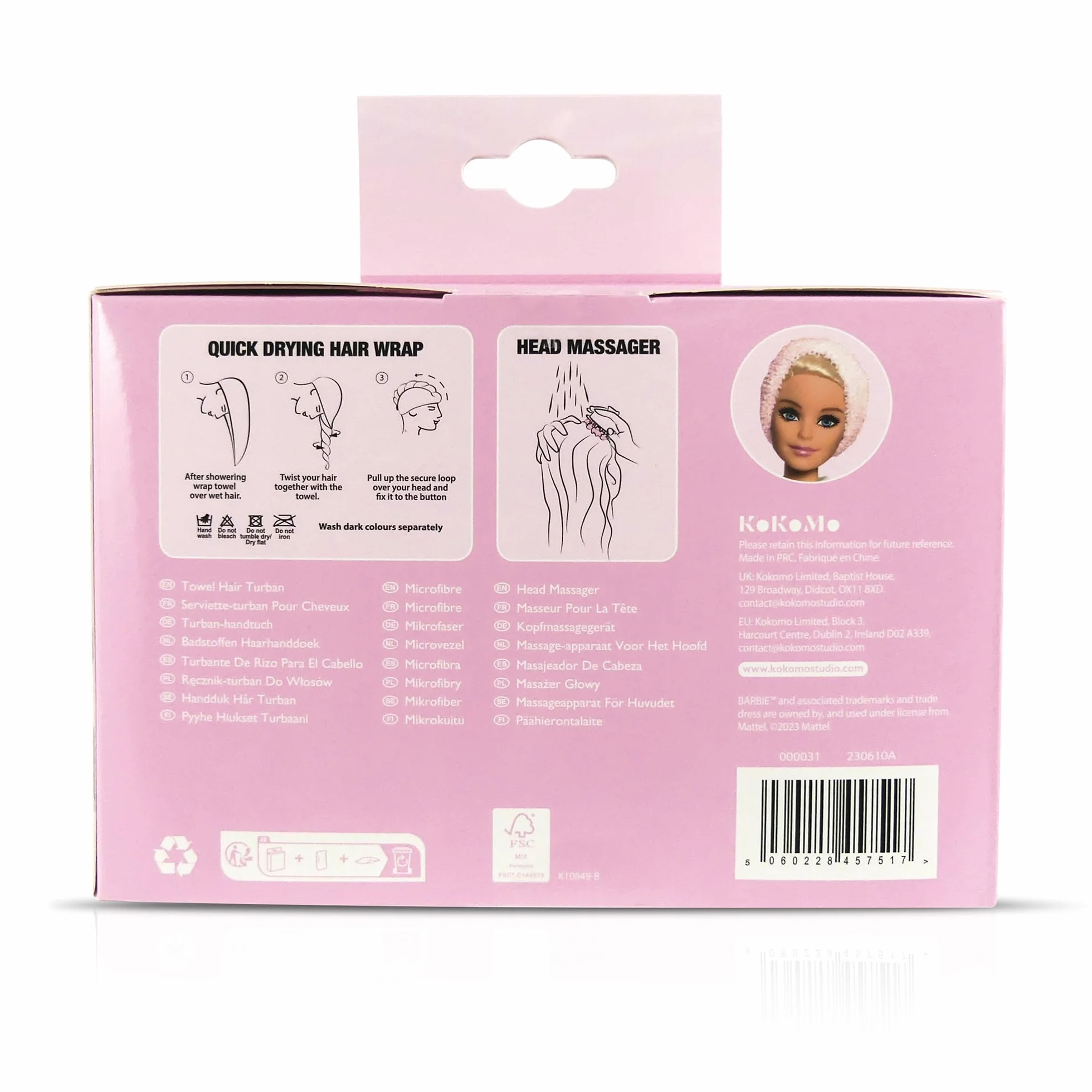 Barbie Make Waves zestaw upominkowy do pielęgnacji włosów – masażer głowy i ręcznik turban/ręcznik z mikrofibry – szybkoschnący