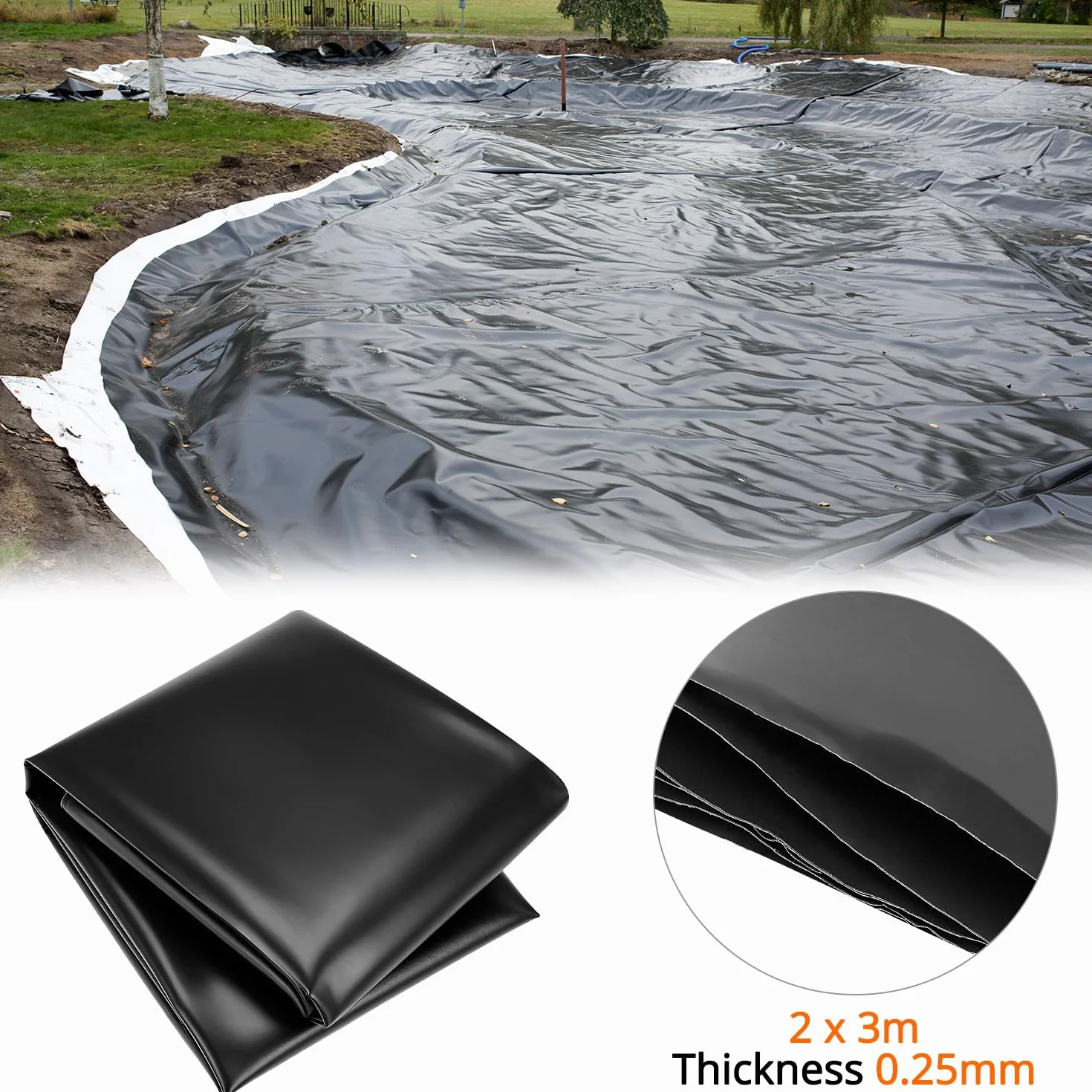 QWORK folia do stawu PCW 2 m x 3 m czarna HDPE gruba wodoodporna folia do membran stawowych i stawów rybnych