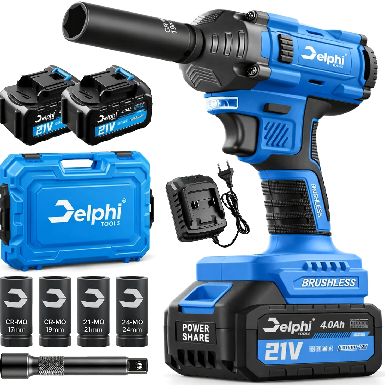 Delphi Tools akumulatorowa wkrętarka udarowa 21 V 600 Nm, bezszczotkowa 1/2 cala, zestaw z 2 akumulatorami 4,0 Ah, w zestawie nasadki CR-MO i walizka