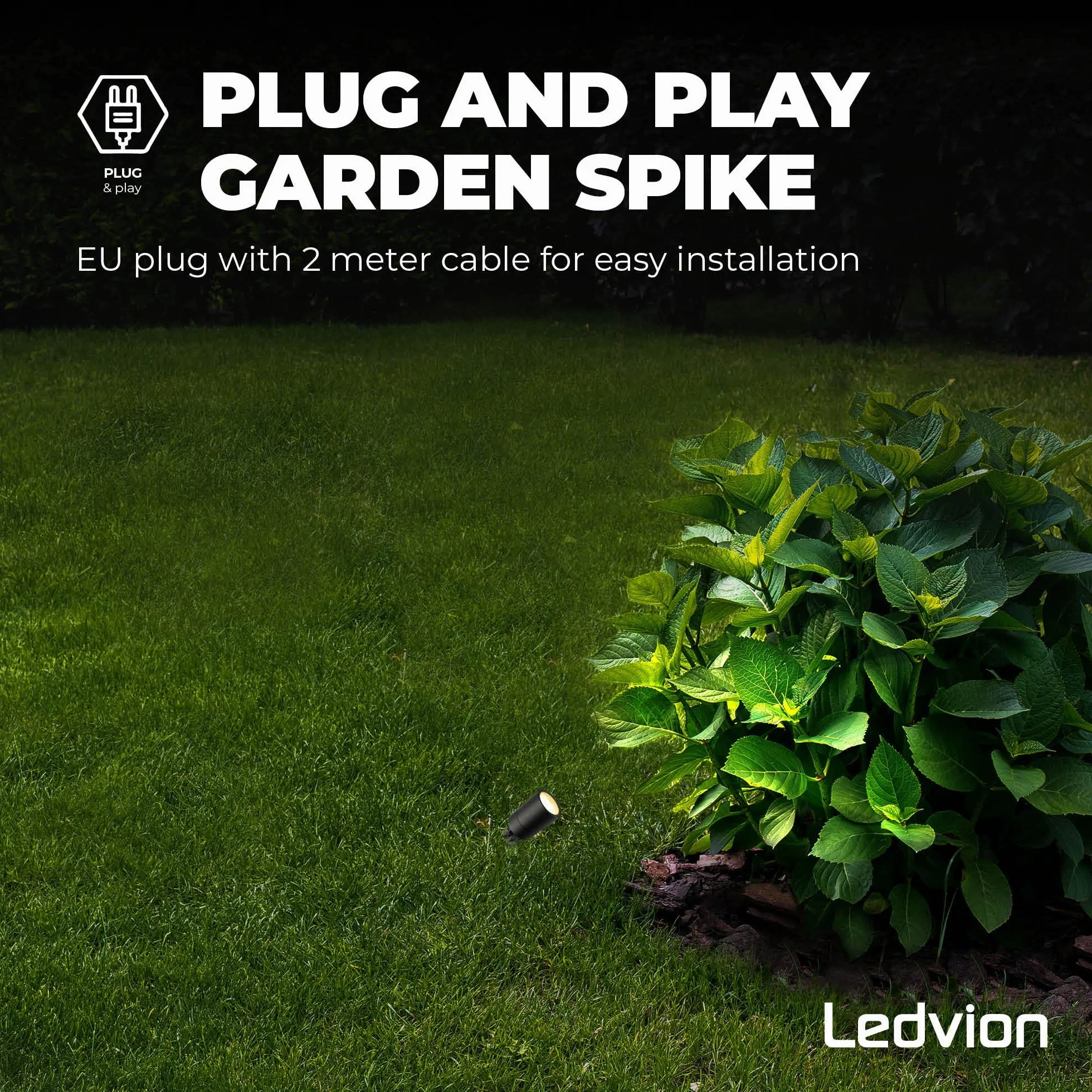 Ledvion - Reflektor LED na podłogę, kolor czarny, aluminium, IP65, mocowanie GU10, kabel 2 m z wtyczką, reflektor LED Pin Spot, reflektor ogrodowy
