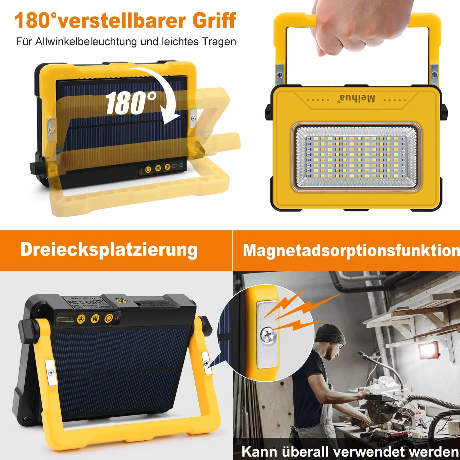 MEIHUA Lampa robocza LED 60W z akumulatorem 12000mAh, przenośny reflektor budowlany LED, ładowalna lampa kempingowa, 4 tryby świecenia, ładowanie solarne i USB, lampa akumulatorowa do placu budowy