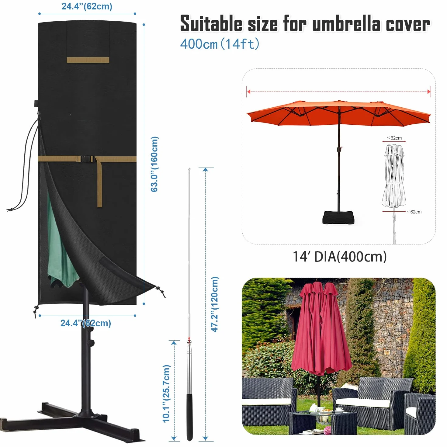 VANSHEIM Pokrowiec ochronny na parasol ogrodowy wodoodporny 160 x 62/62 cm