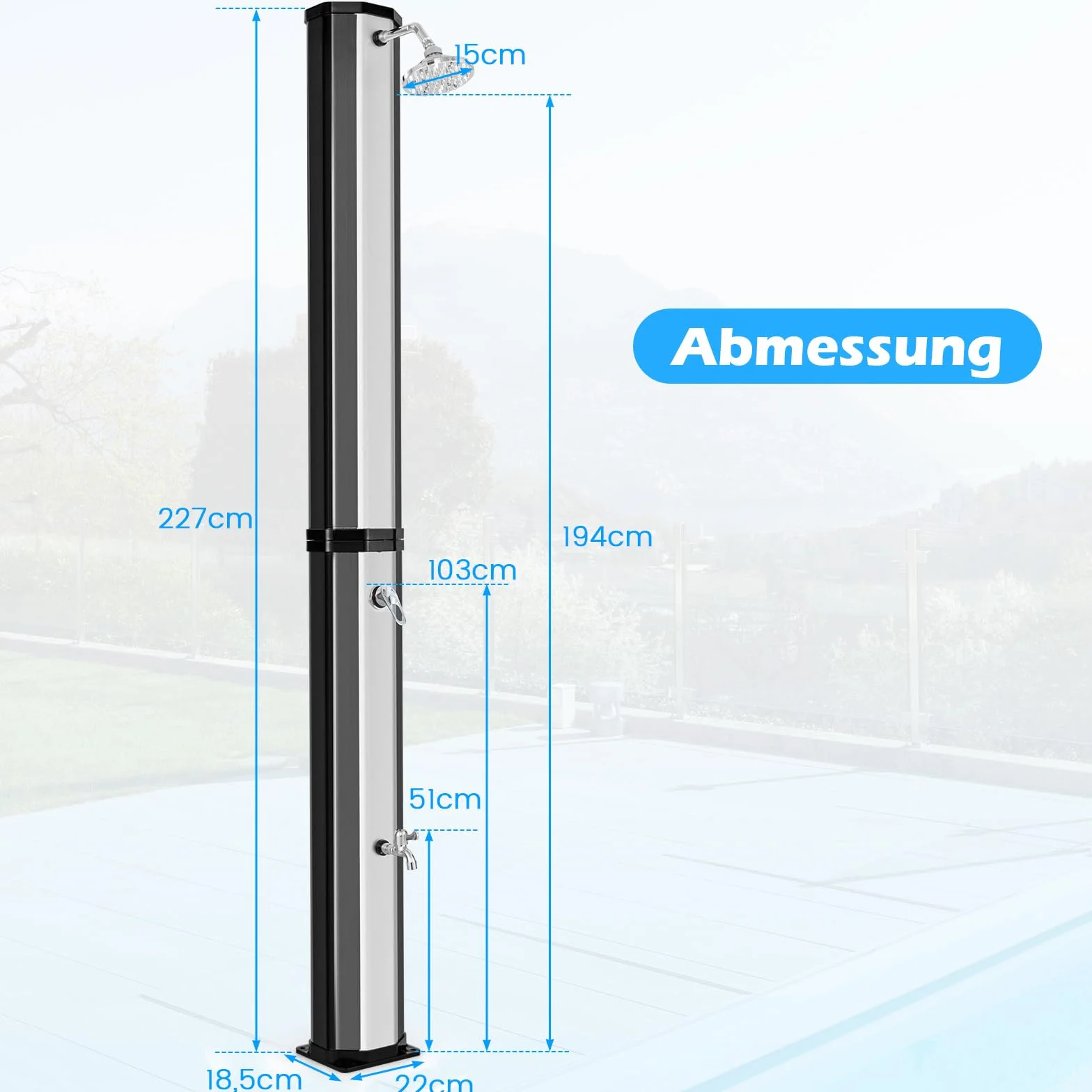 COSTWAY Prysznic solarny 60 l, ogrodowy z pokrowcem ochronnym 227 cm do 60°C