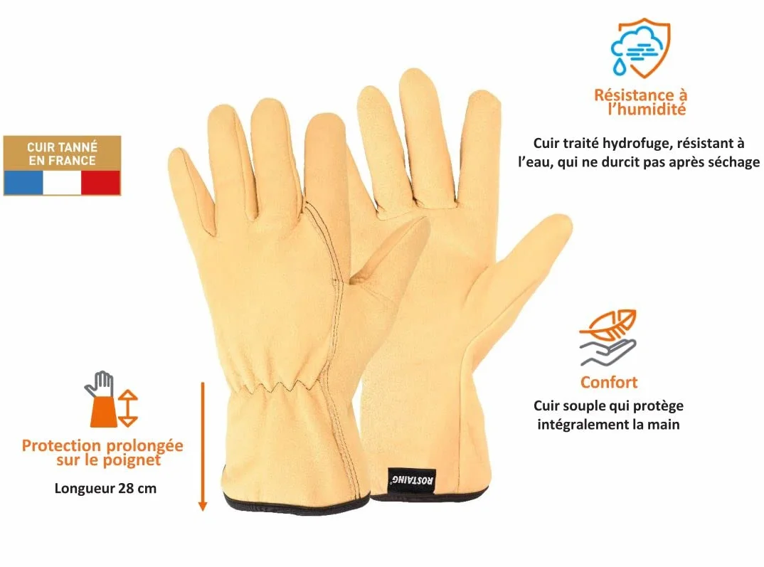 Rostaing TRADITION-IT08 Gants de Jardinage 100% Cuir Tanné En France Hydrofuge Grande Longueur Tradition Taille 08 rękawiczki, beżowe, 8