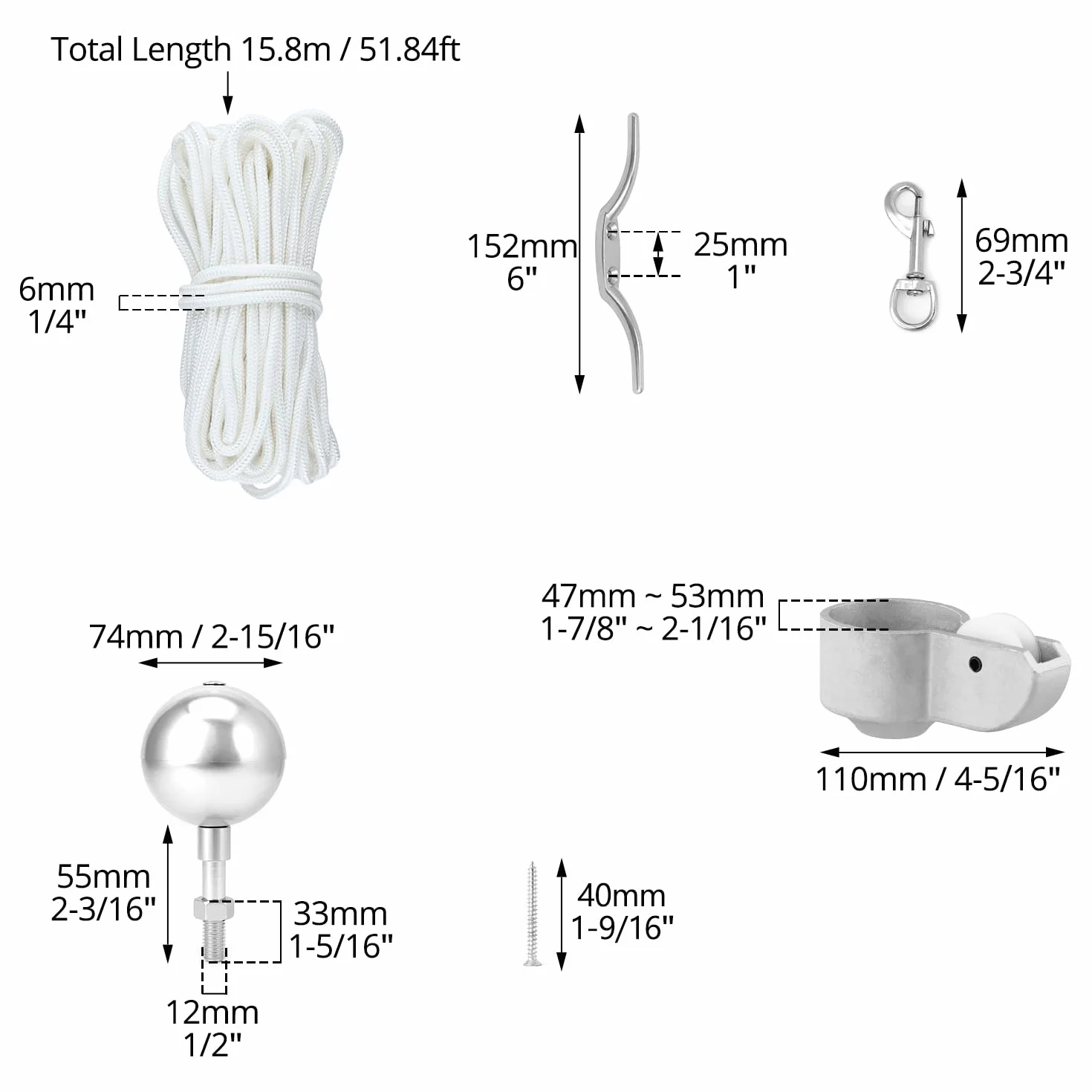 QWORK® Zestaw akcesoriów do masztu flagowego – elementy naprawcze wraz z nakładką z kołem pasowym, kulką, liną nylonową 15 m, karabińczykiem i płytą na buty