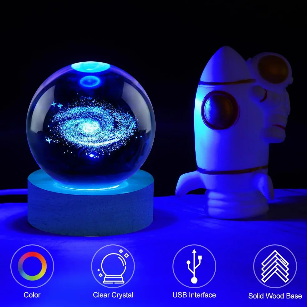 Vicloon 3D galaktyka kryształowa kula lampka nocna, planety 3D, kryształowa kula z drewnianą podstawą, kosmiczna galaktyka LED lampka nocna do dekoracji domu, na stół, prezent urodzinowy, rocznicę
