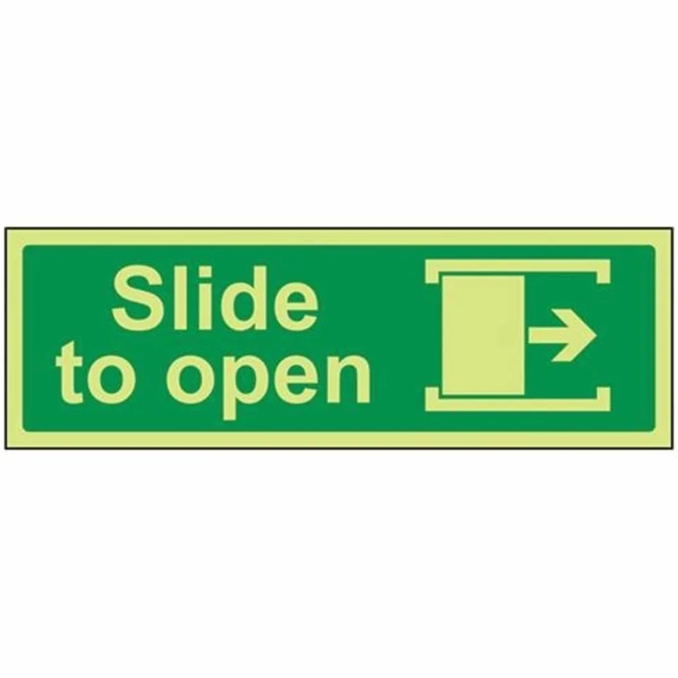 VSafety Glow In The Dark Slide To Open (prawy) znak na drzwi - 300 mm x 100 mm - samoprzylepny winyl